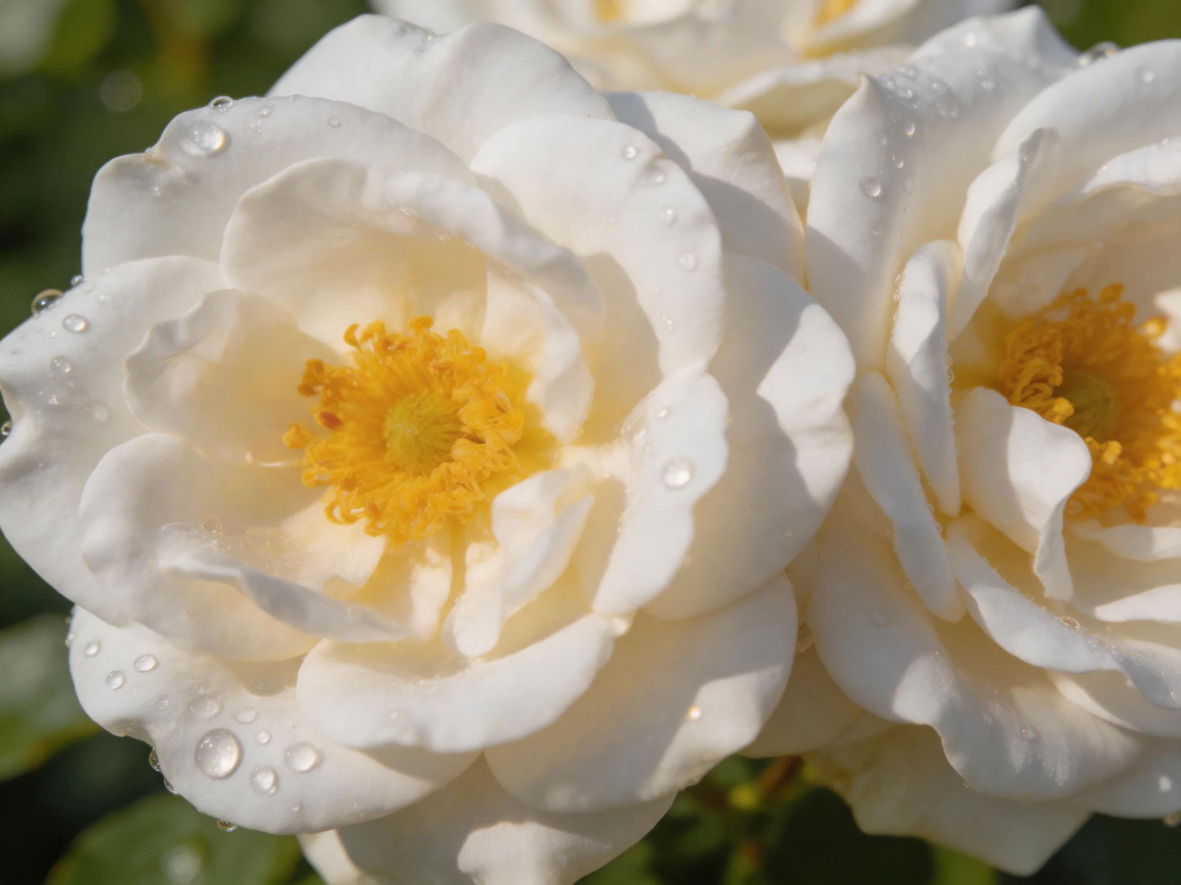 Close-up of white roses with water droplets and bright yellow centers