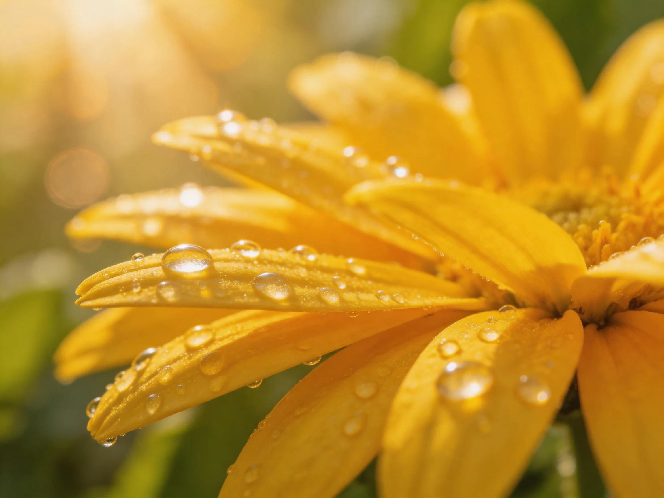 Close-up of yellow flower petals with glistening dewdrops