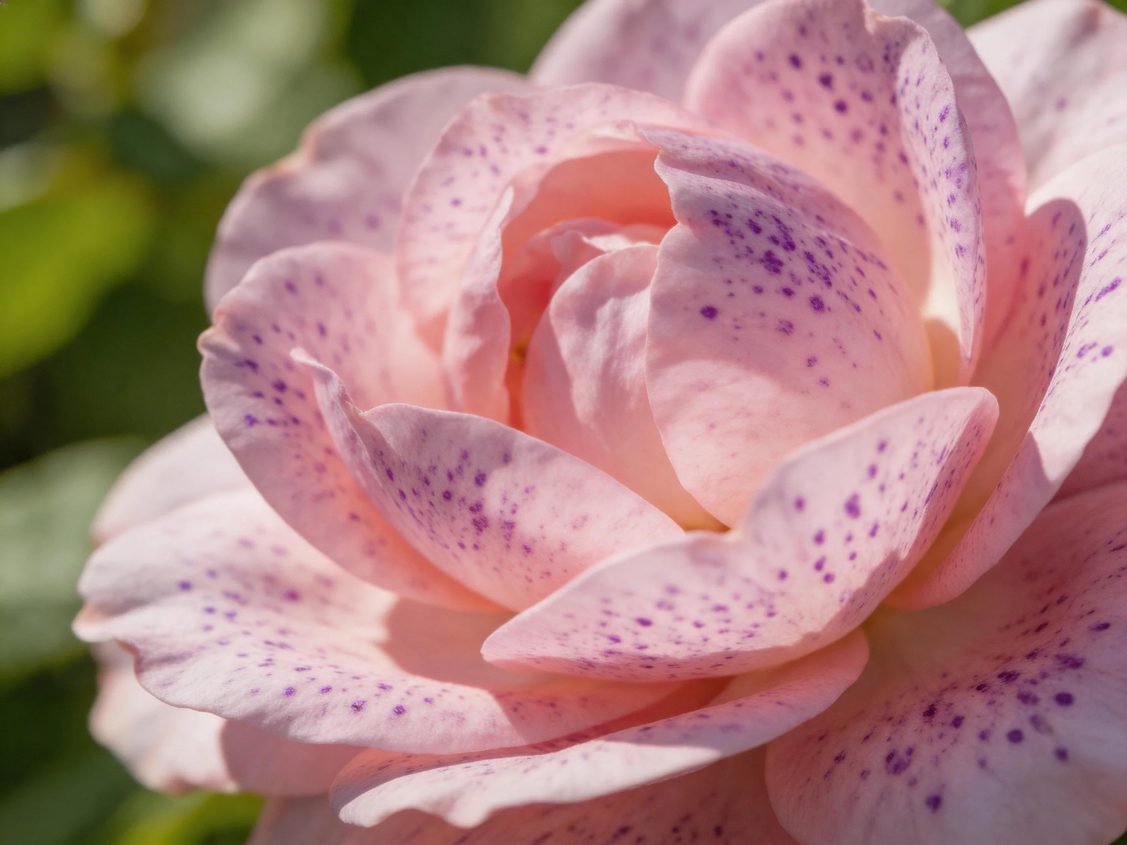 Close - up pink rose with purple speckled petals