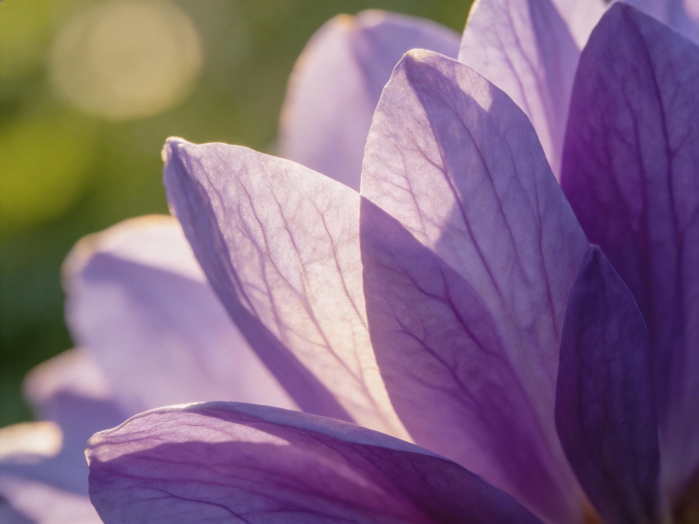 Close-up view of translucent purple flower petals with soft illumination.