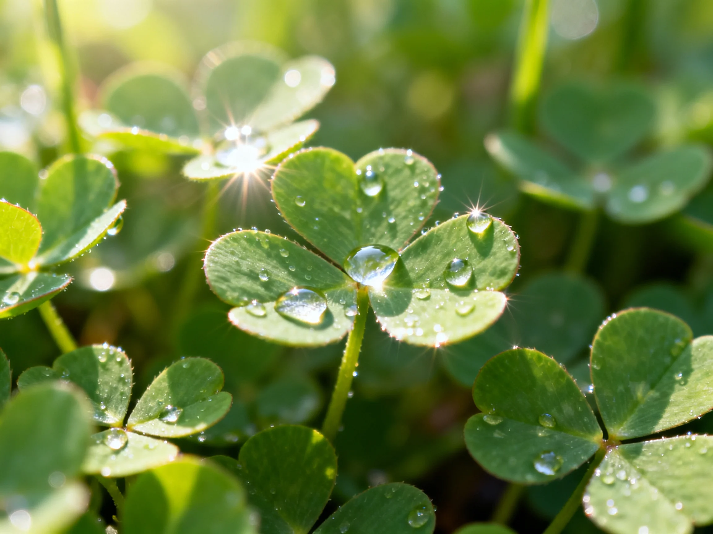 Clover leaves dotted with glistening dewdrops under bright sunlight