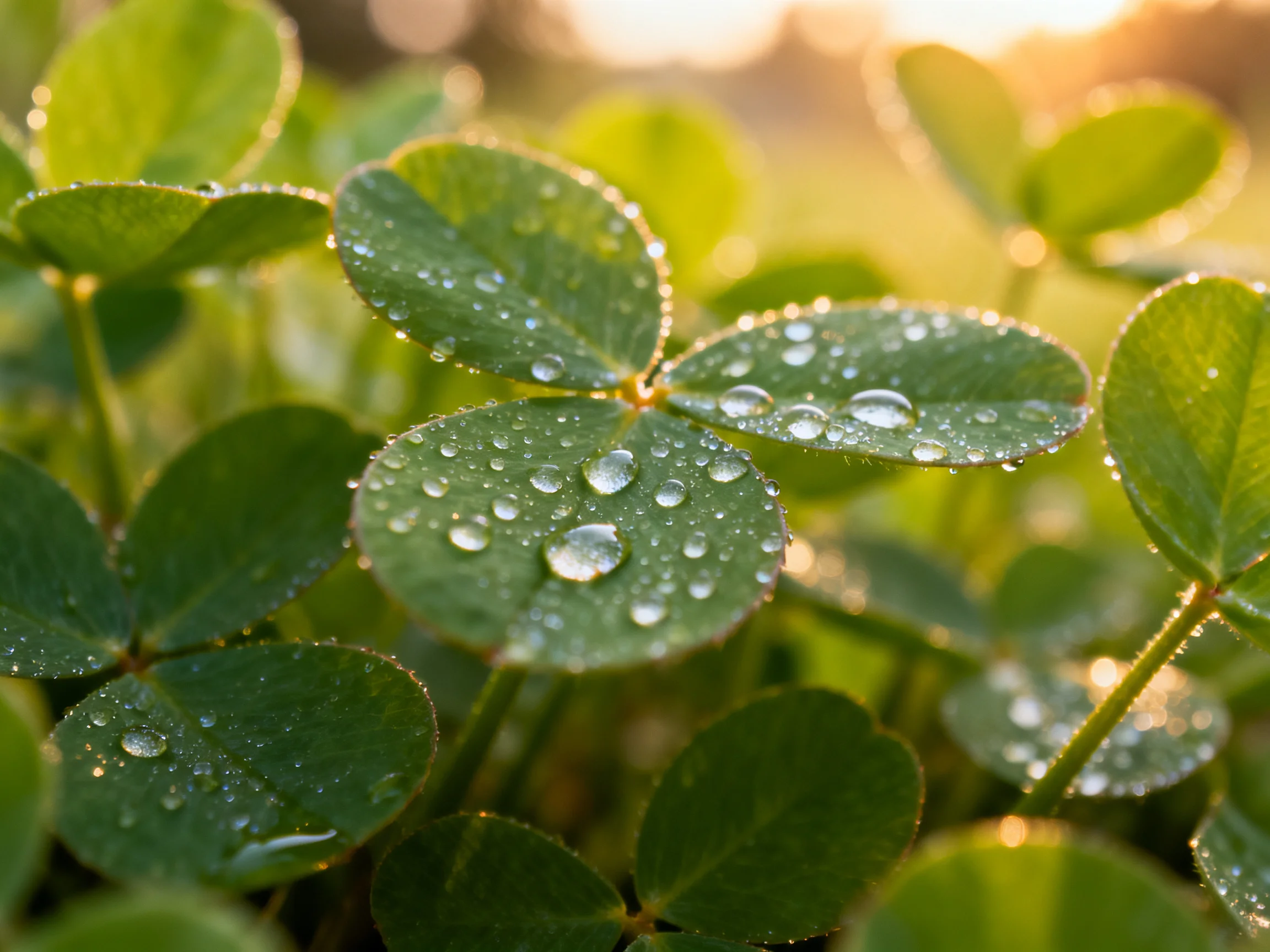Clover leaves with glistening dew droplets under soft morning light