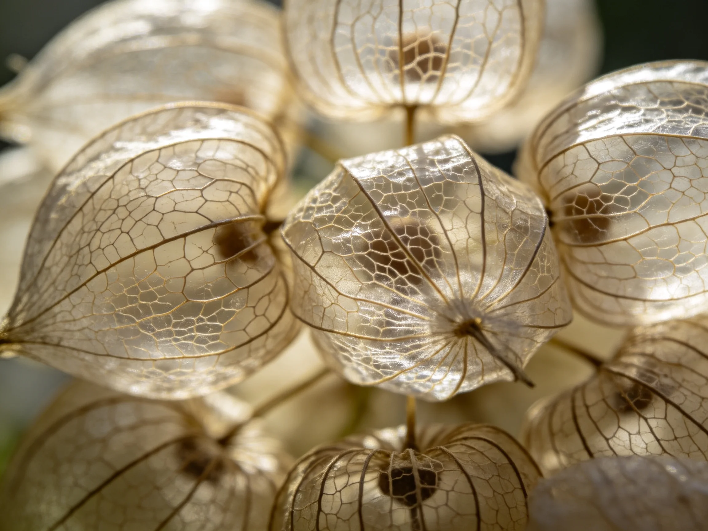 Cluster of Delicate Translucent Lantern-Shaped Pods with Vein Networks