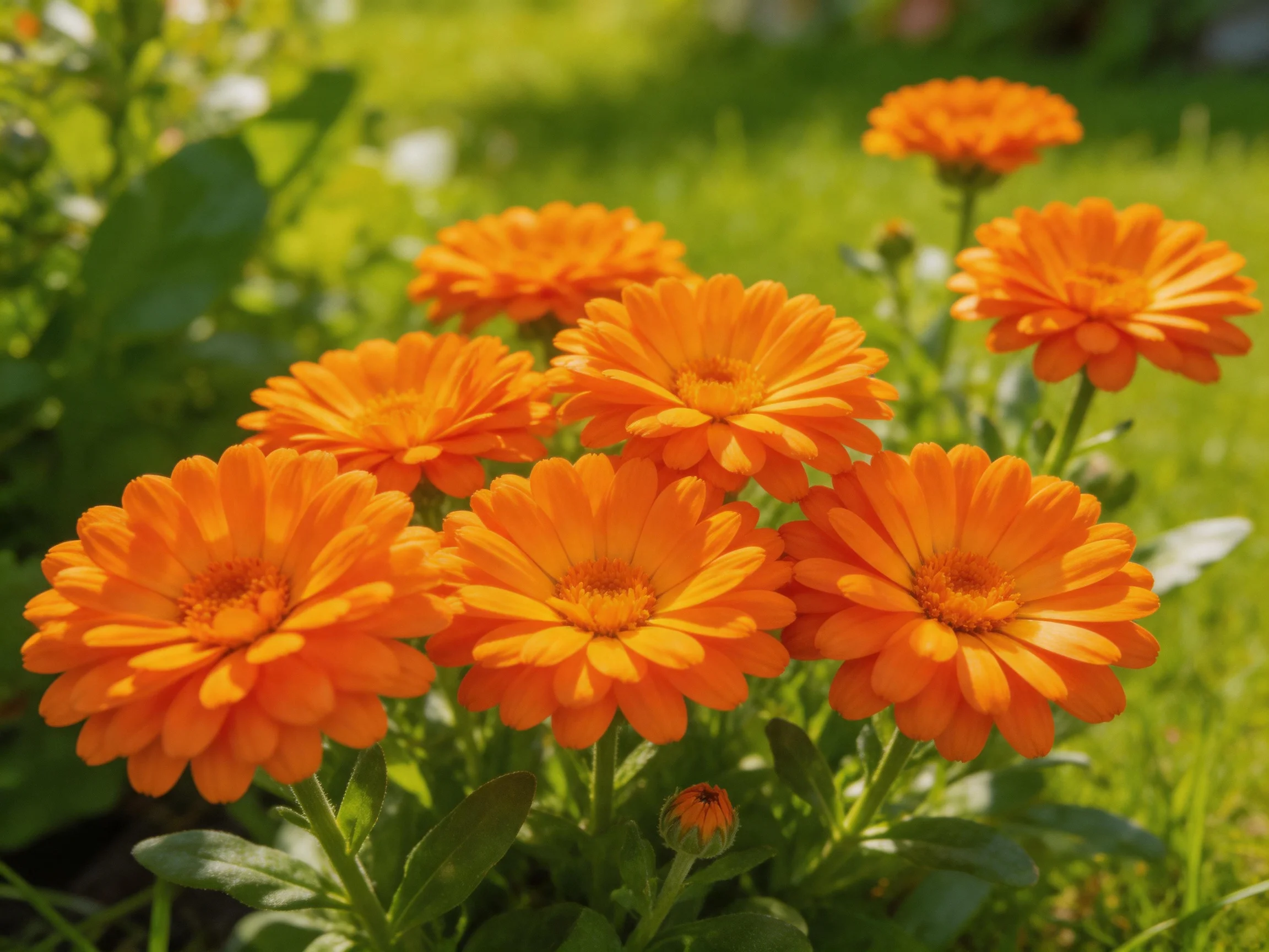Cluster of bright orange marigold flowers in a sunlit garden