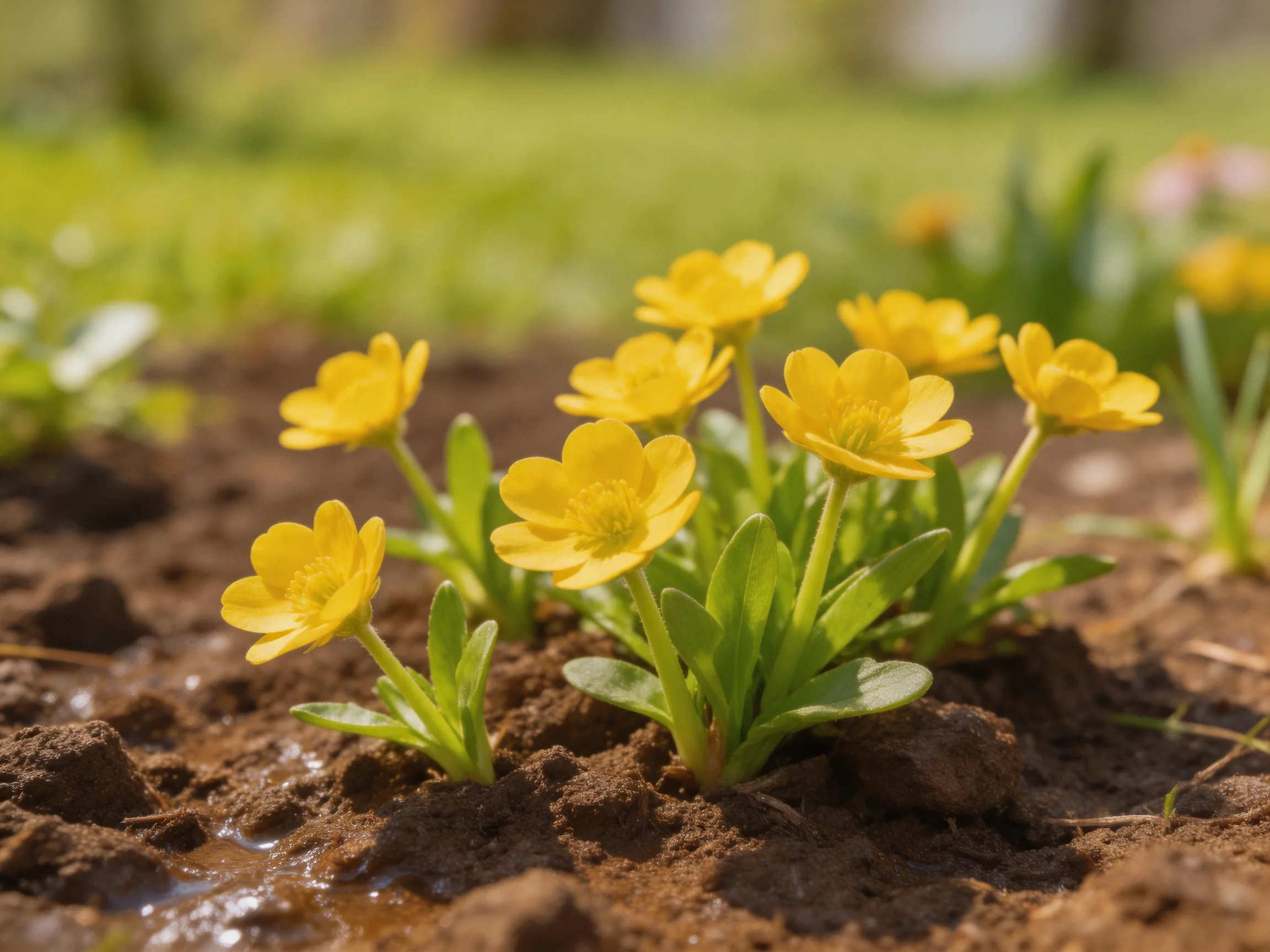 Cluster of bright yellow flowers blooming in moist brown soil