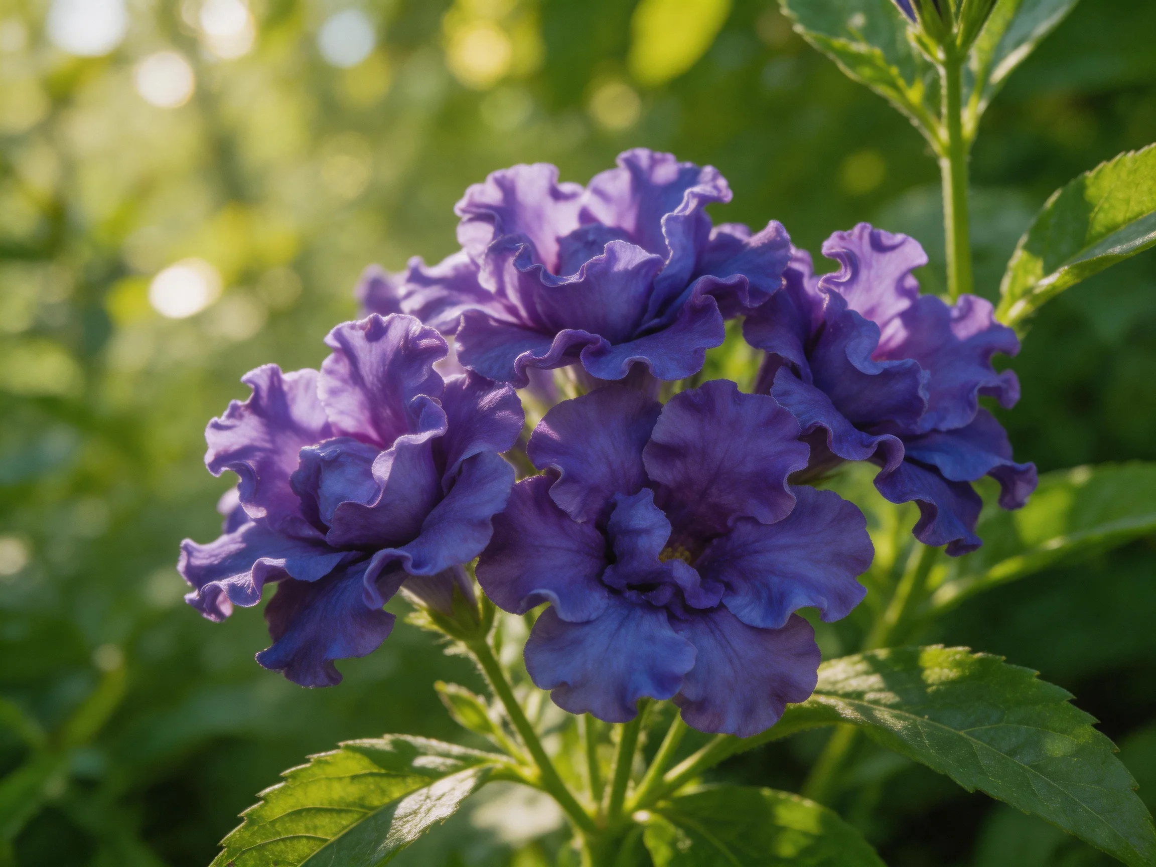 Cluster of deep purple ruffled flowers surrounded by green foliage