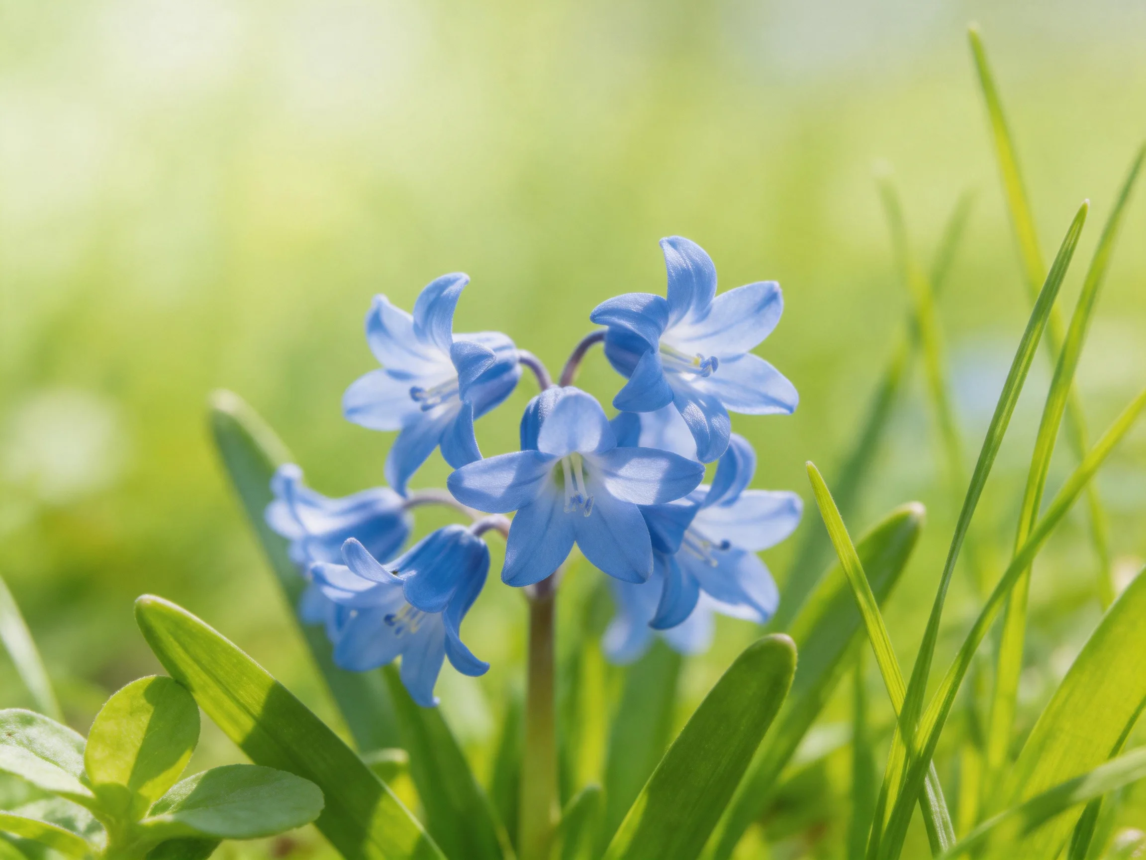 Cluster of delicate blue flowers blooming among lush green grass