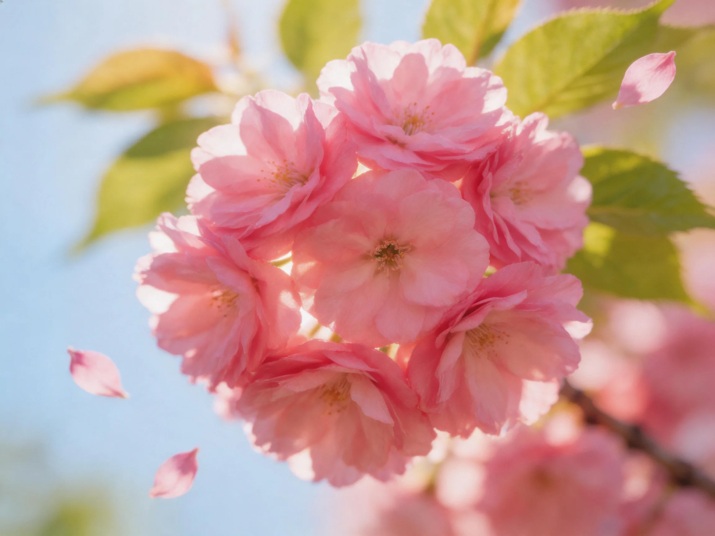 Cluster of delicate pink cherry blossoms with green leaves and falling petals