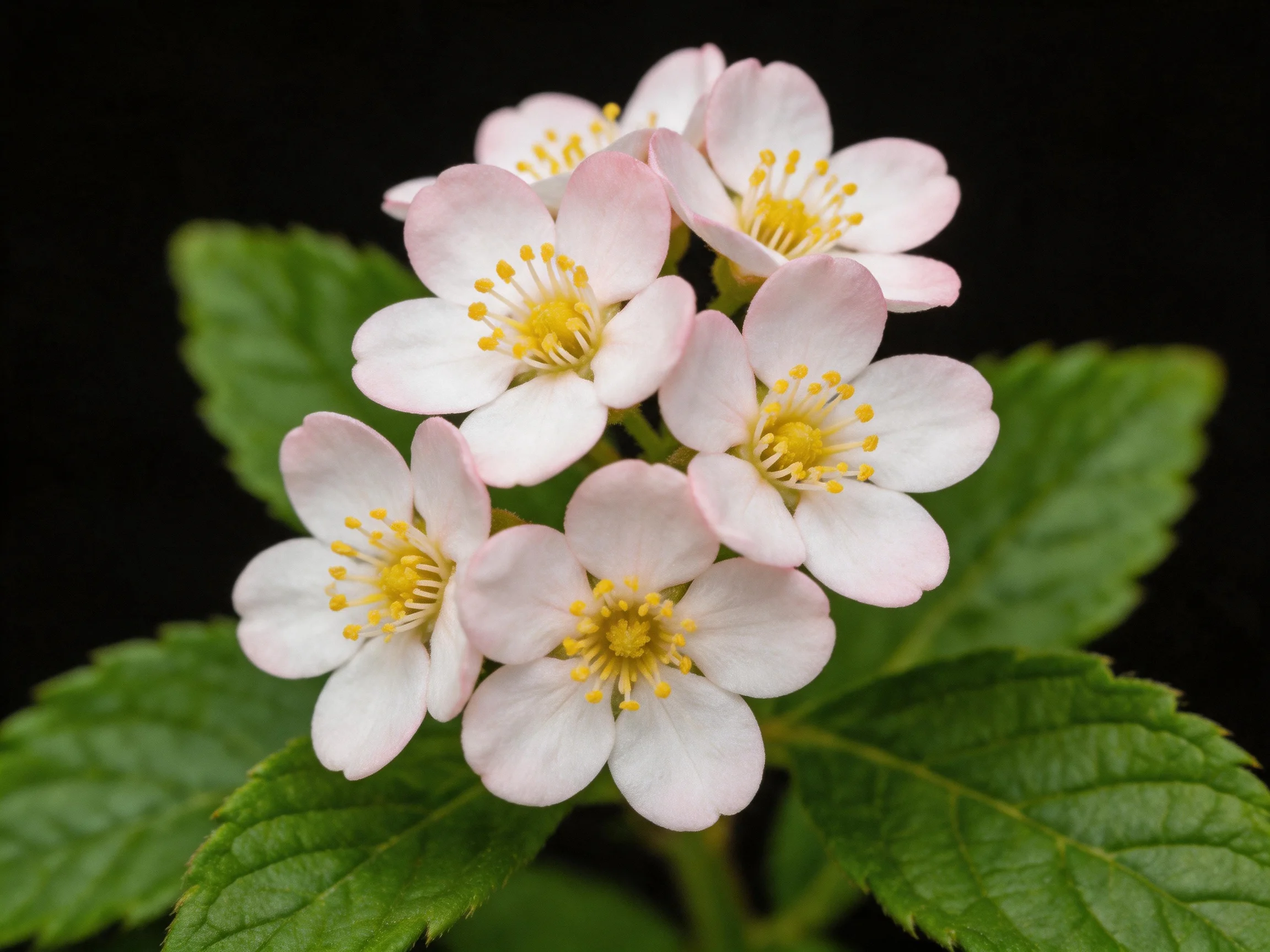 Cluster of delicate pink flowers with yellow centers and green leaves