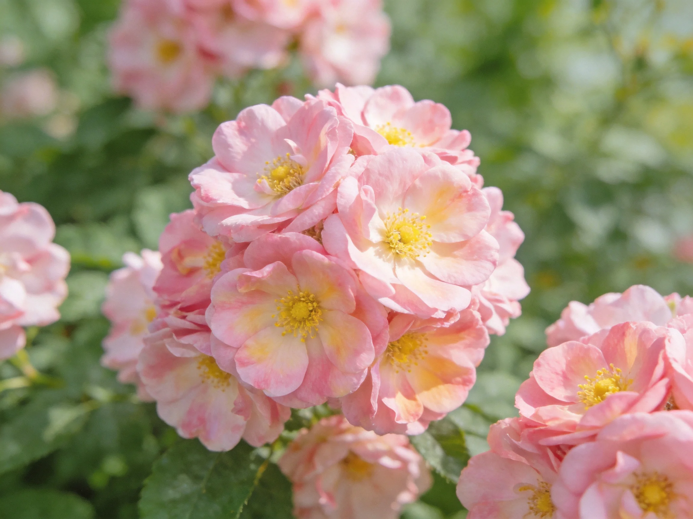 Cluster of delicate pink roses with yellow centers amid green foliage