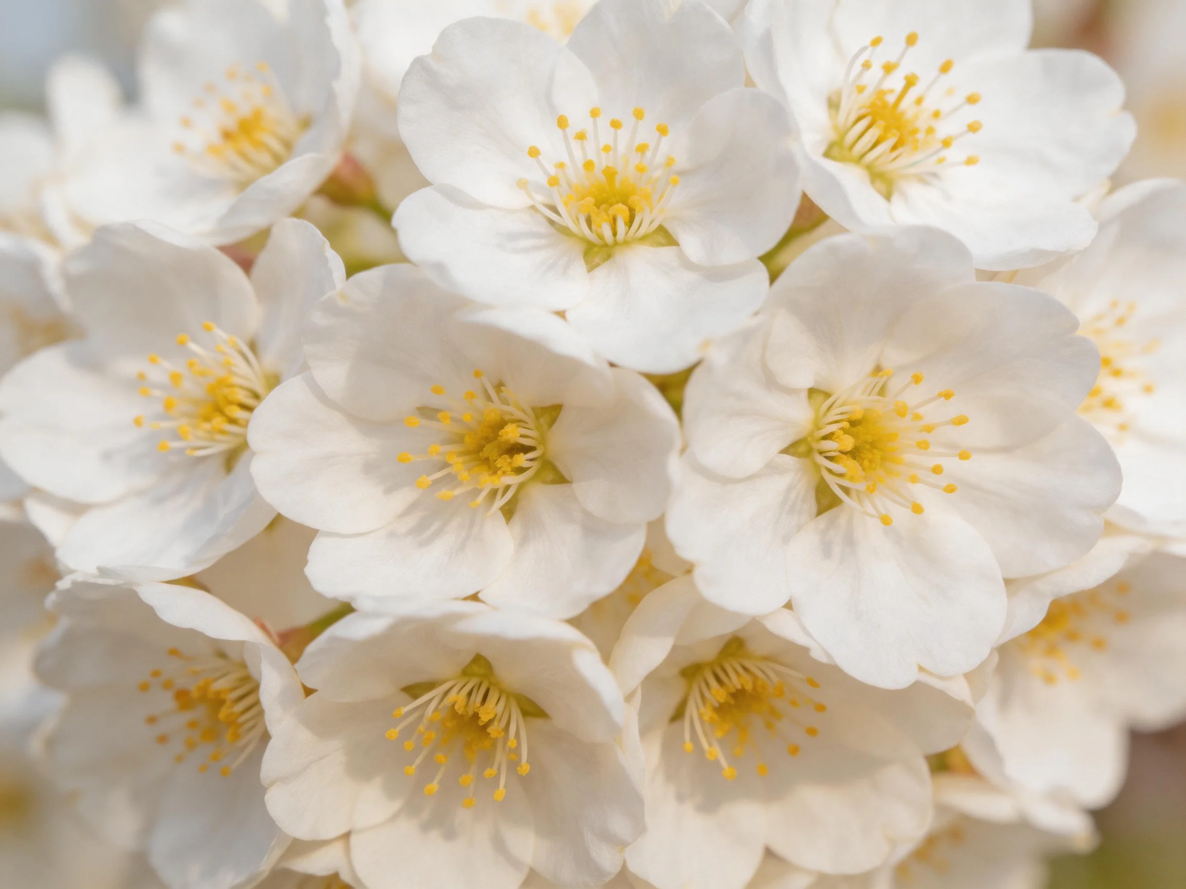 Cluster of delicate white cherry blossoms with bright yellow stamens