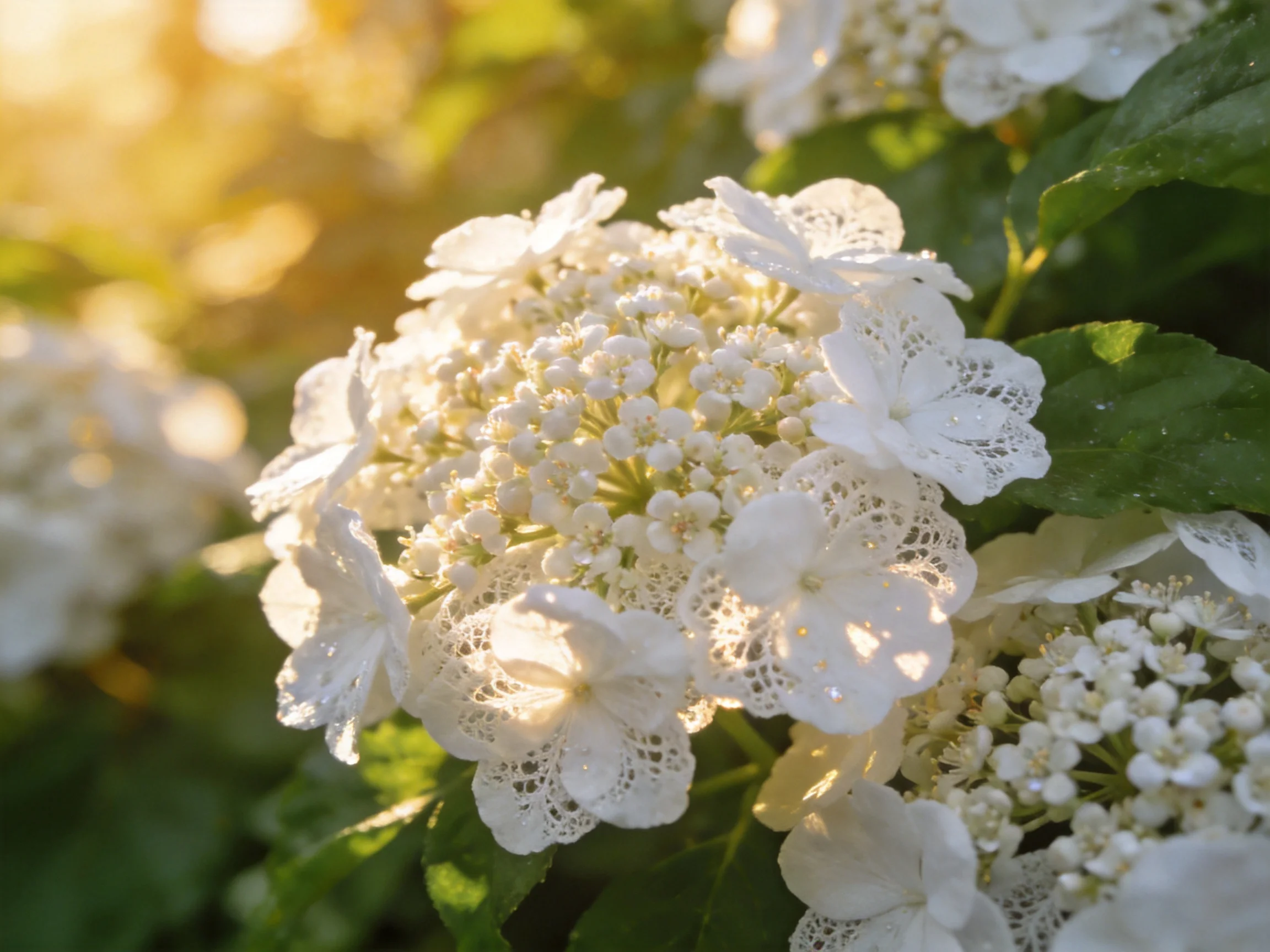Cluster of delicate white lace flowers glowing in golden sunlight