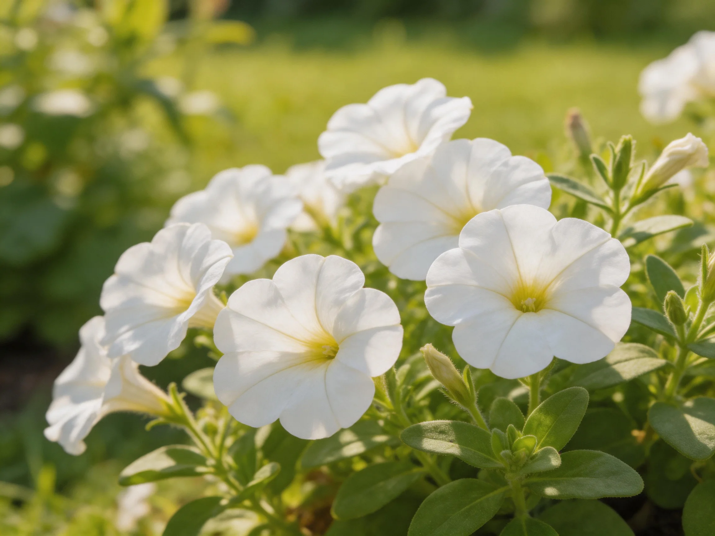 Cluster of delicate white petunias with yellow centers amid lush green foliage