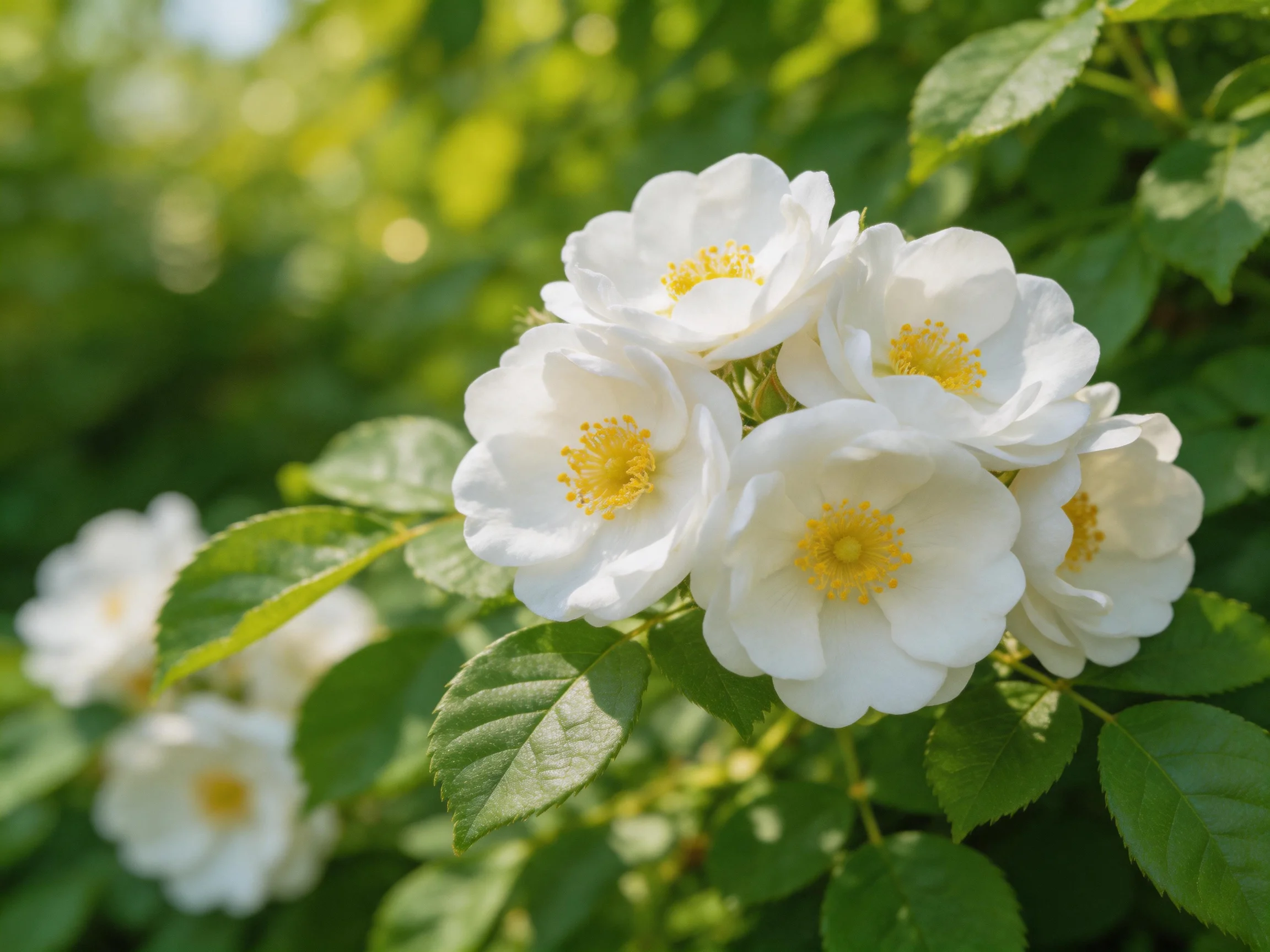 Cluster of delicate white roses with yellow centers amidst lush green foliage