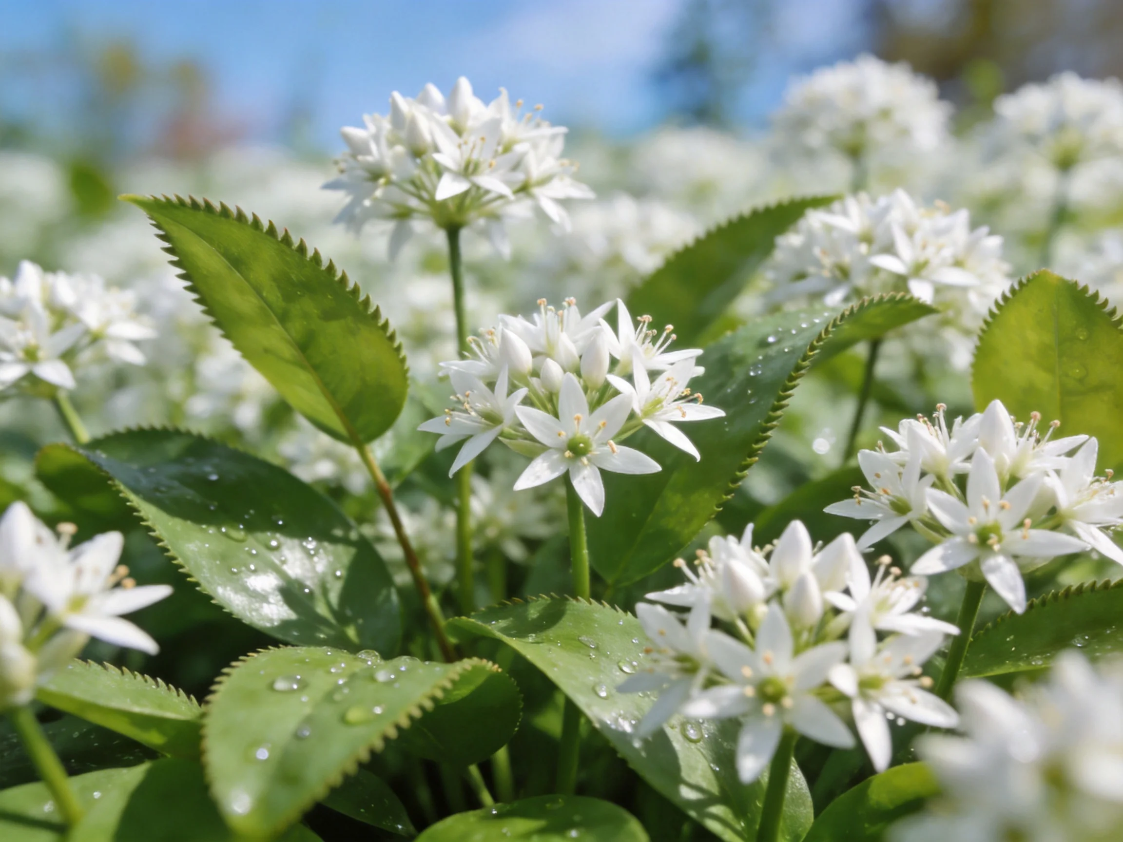 Cluster of delicate white star - shaped flowers with serrated green leaves