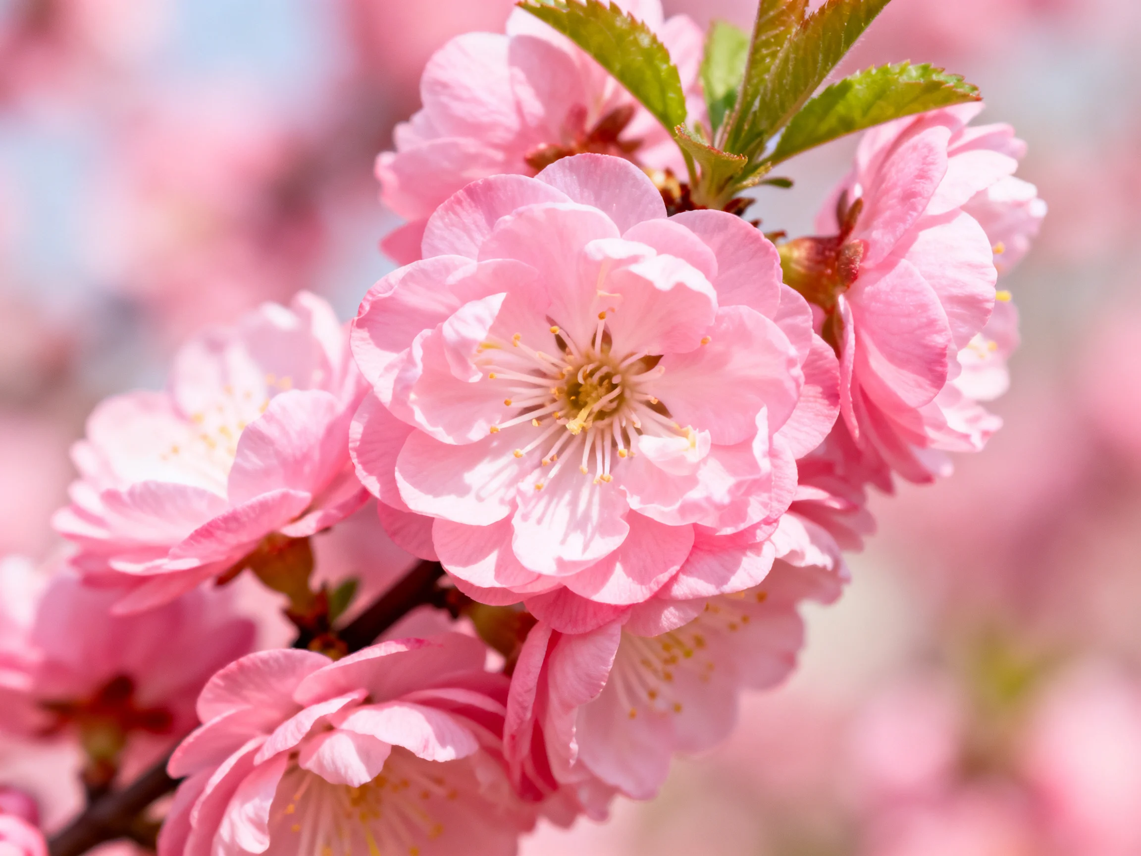 Cluster of pink cherry blossoms with green leaves