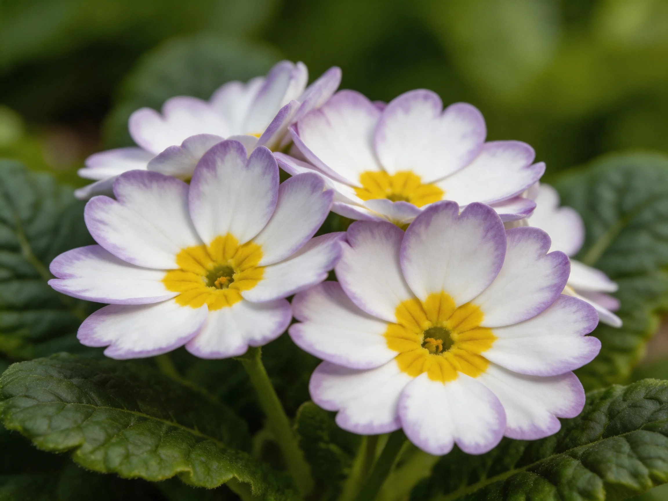 Cluster of primrose flowers with purple-edged white petals and yellow centers