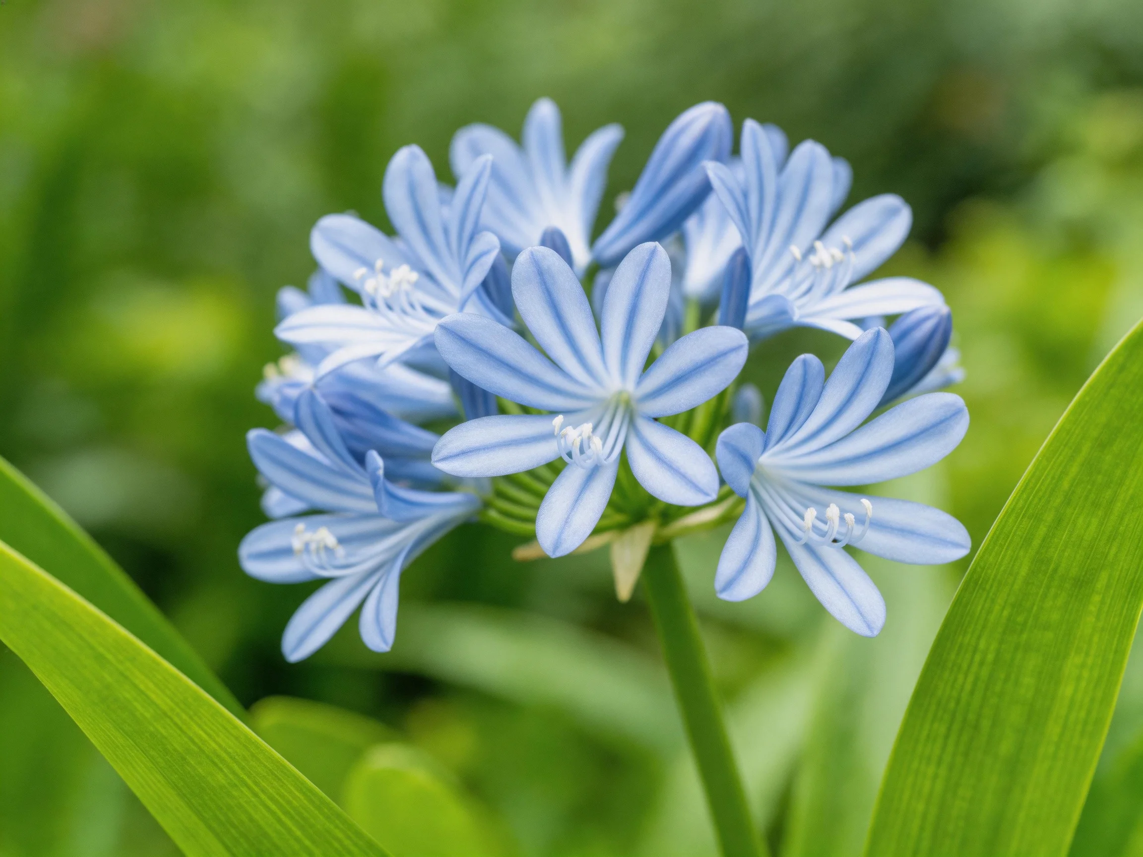Cluster of soft blue striped flowers amid lush green leaves