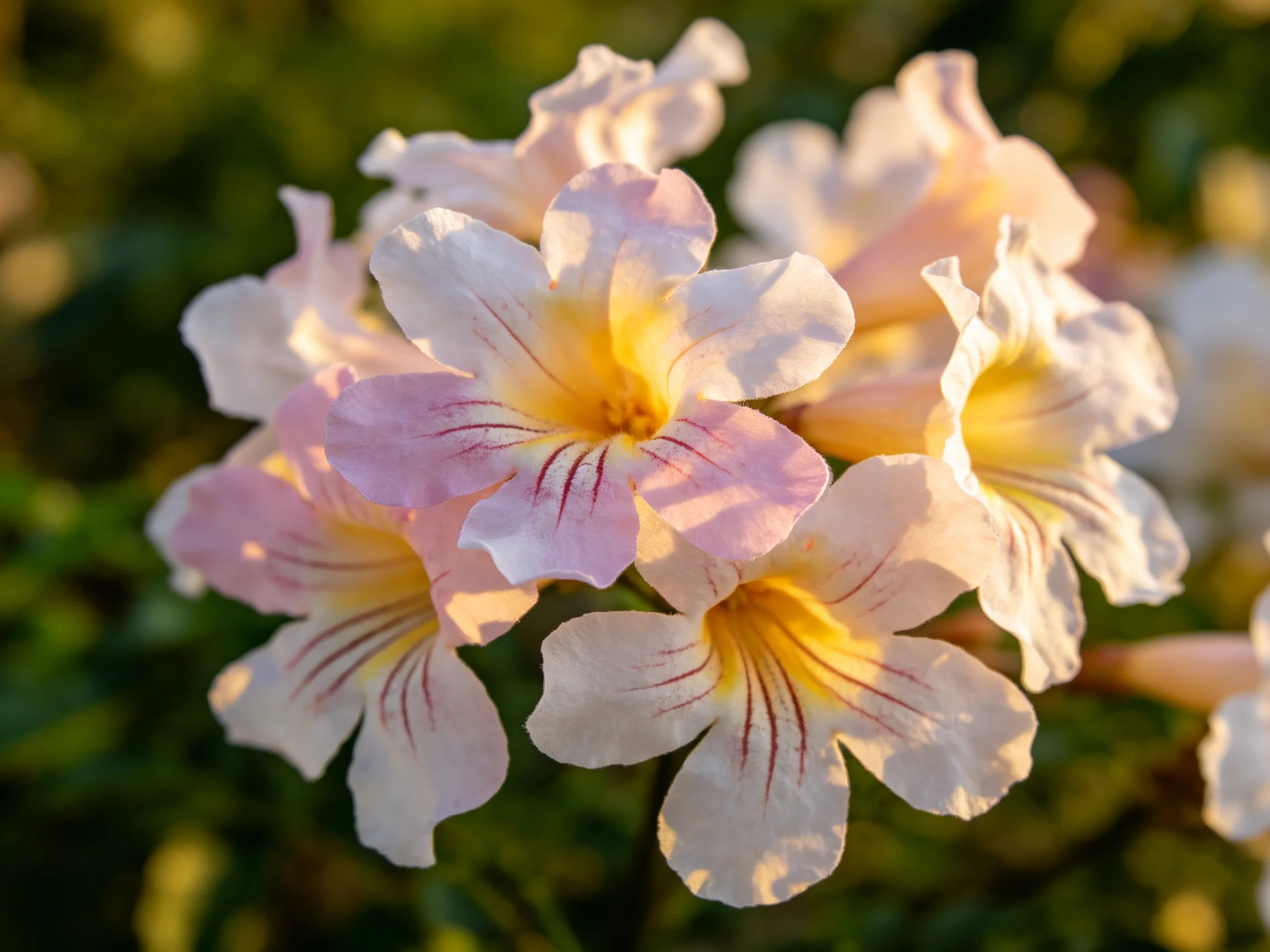 Cluster of soft pink and cream - colored trumpet flowers with yellow centers