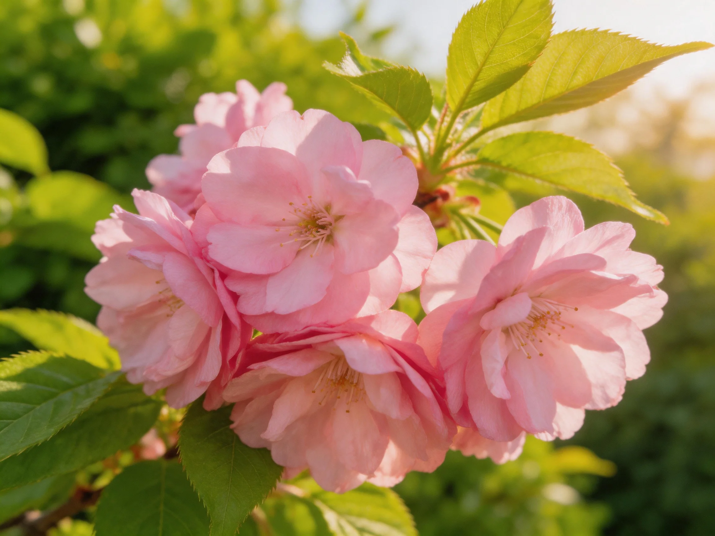 Cluster of soft pink cherry blossoms with vibrant green foliage