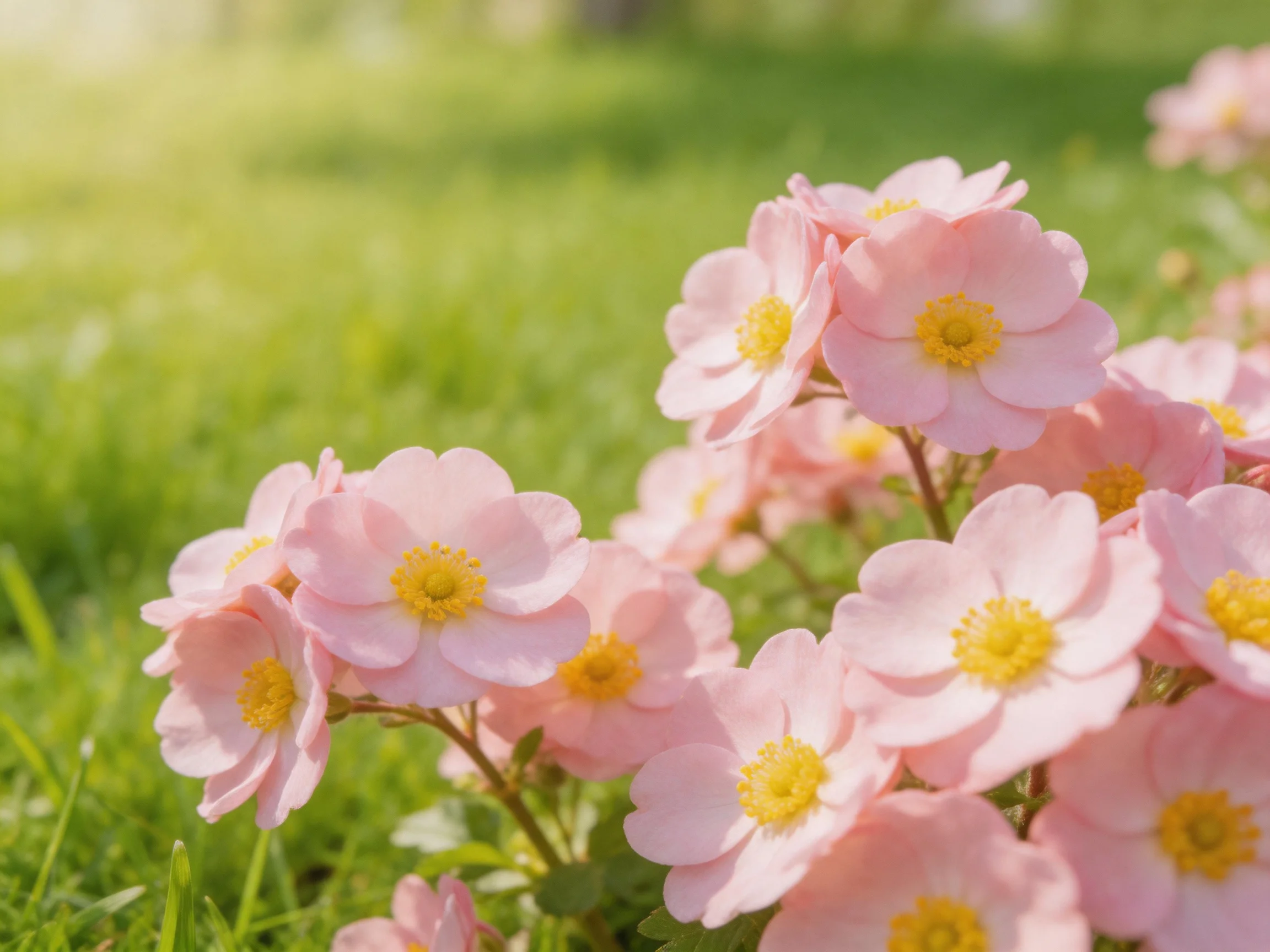 Cluster of soft pink flowers amid lush green grass