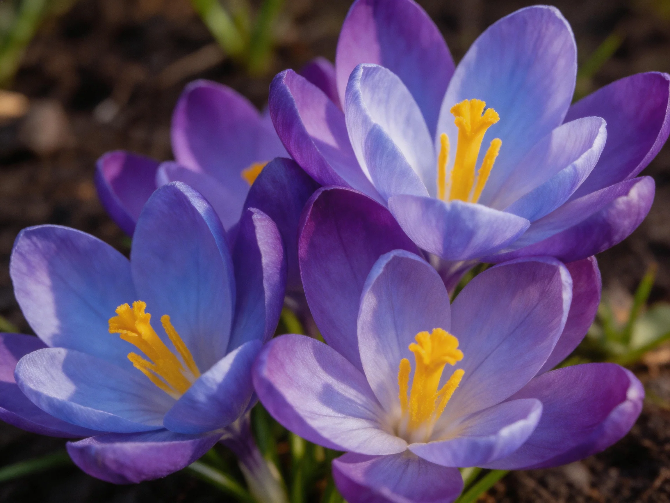 Cluster of vibrant purple and blue crocuses blooms with bright yellow stamens