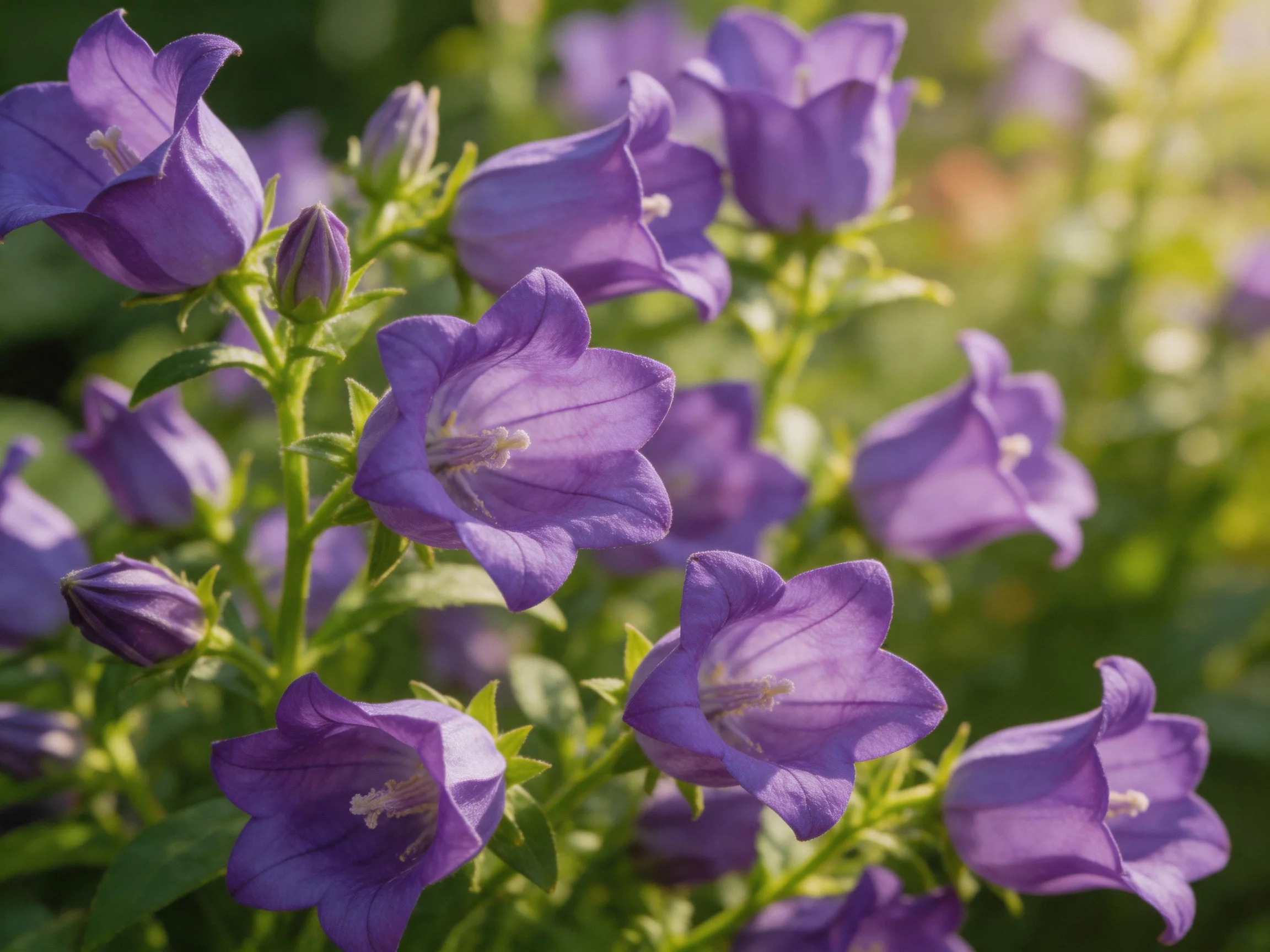 Purple bellflowers bloom brightly in a sunlit garden environment.