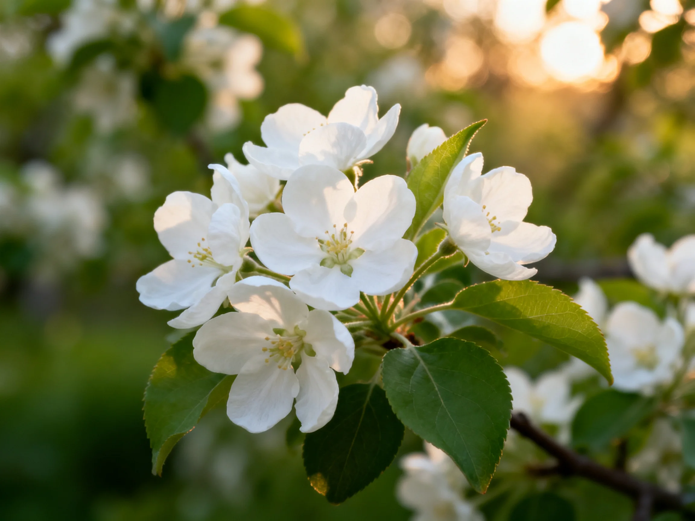 Cluster of white blossoms on an apple tree branch with green leaves