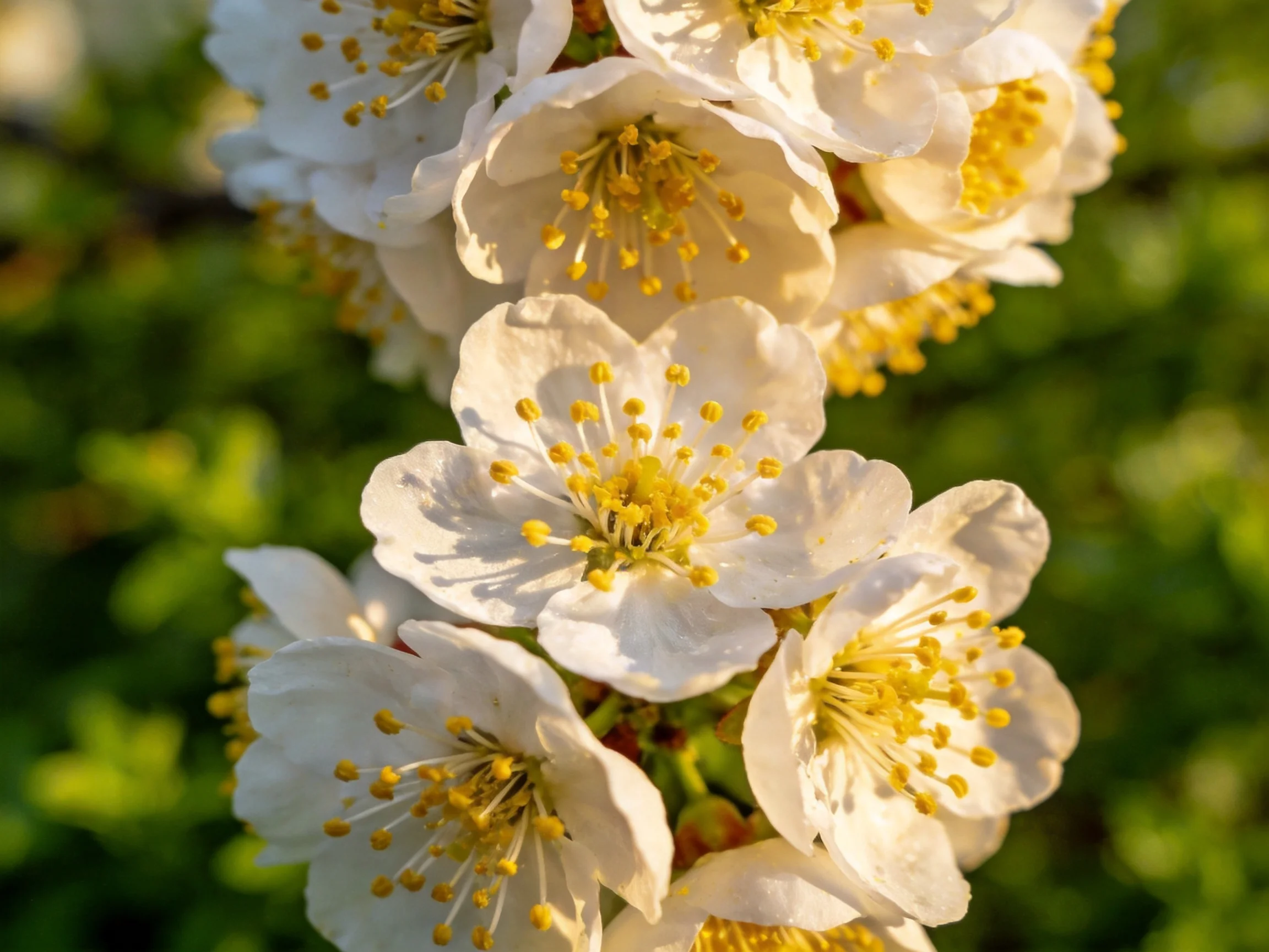 Cluster of white blossoms with golden stamens