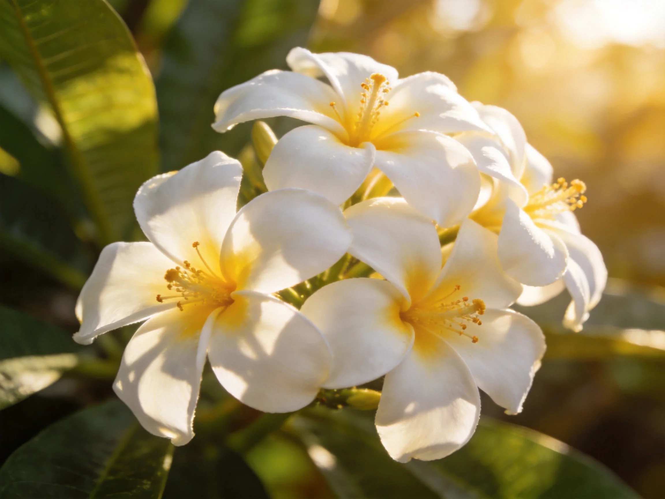 Cluster of white frangipani flowers with yellow centers and green leaves