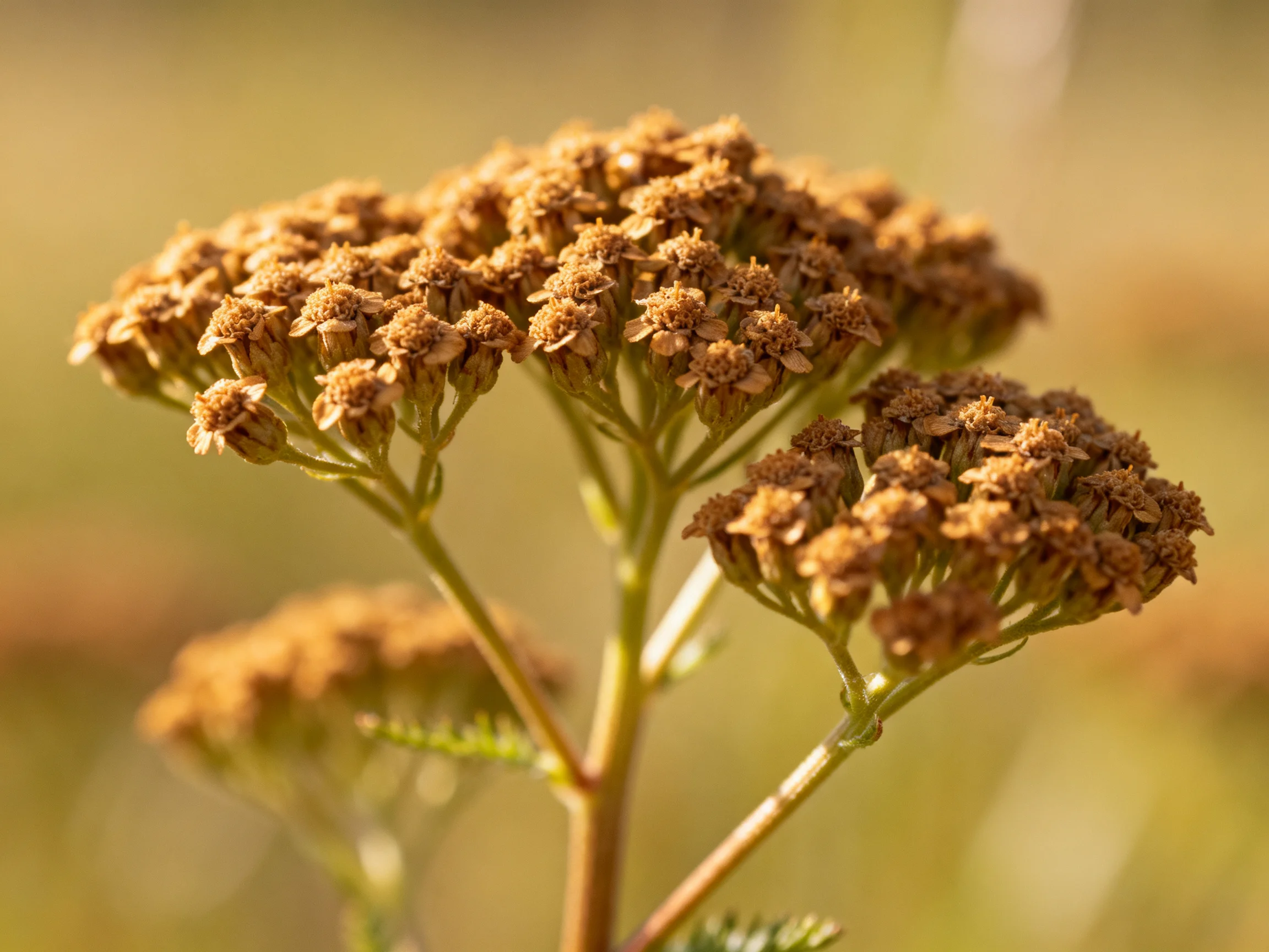 Clustered brown flower clusters with green stems in natural light
