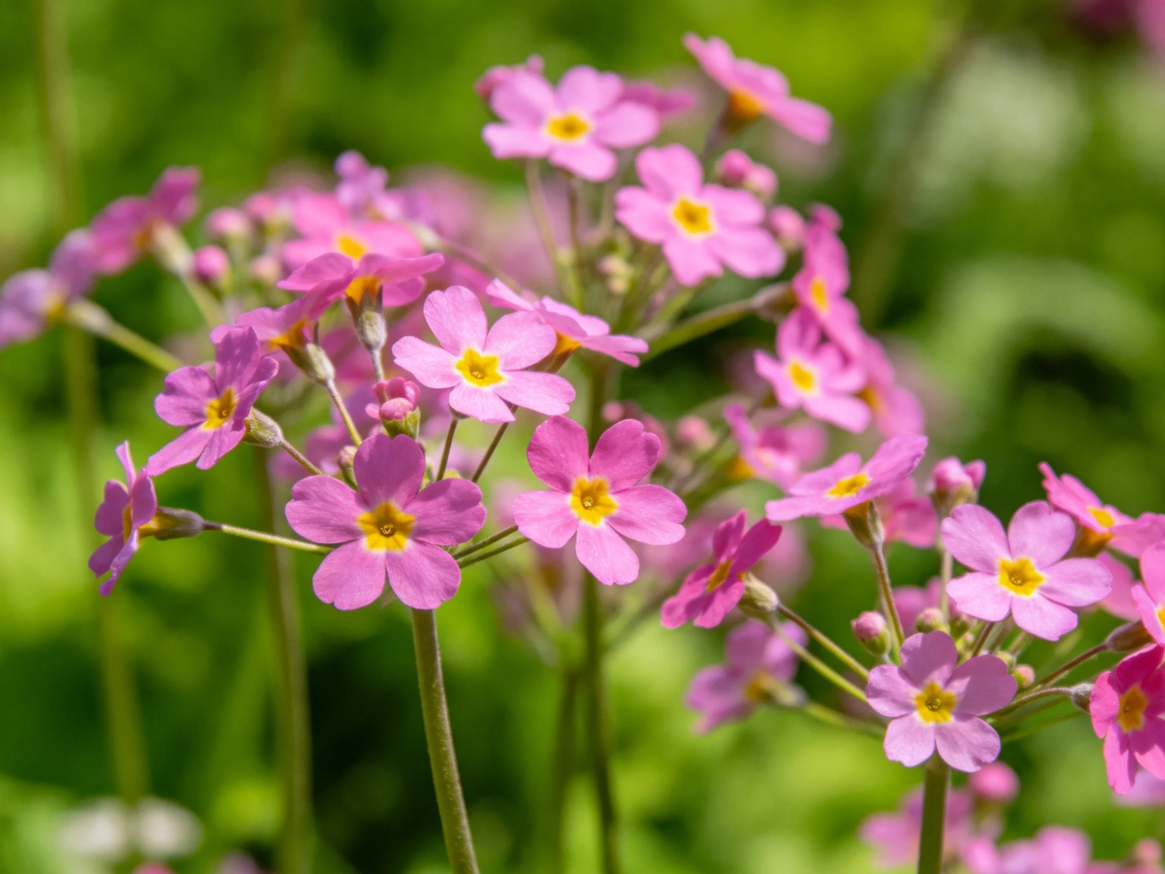 Clusters of delicate pink primrose flowers with bright yellow centers