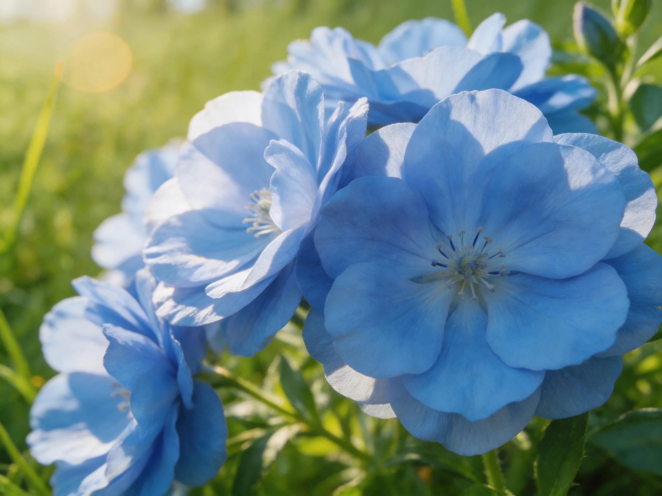 Clusters of vibrant blue flowers bloom among lush green foliage under soft sunlight