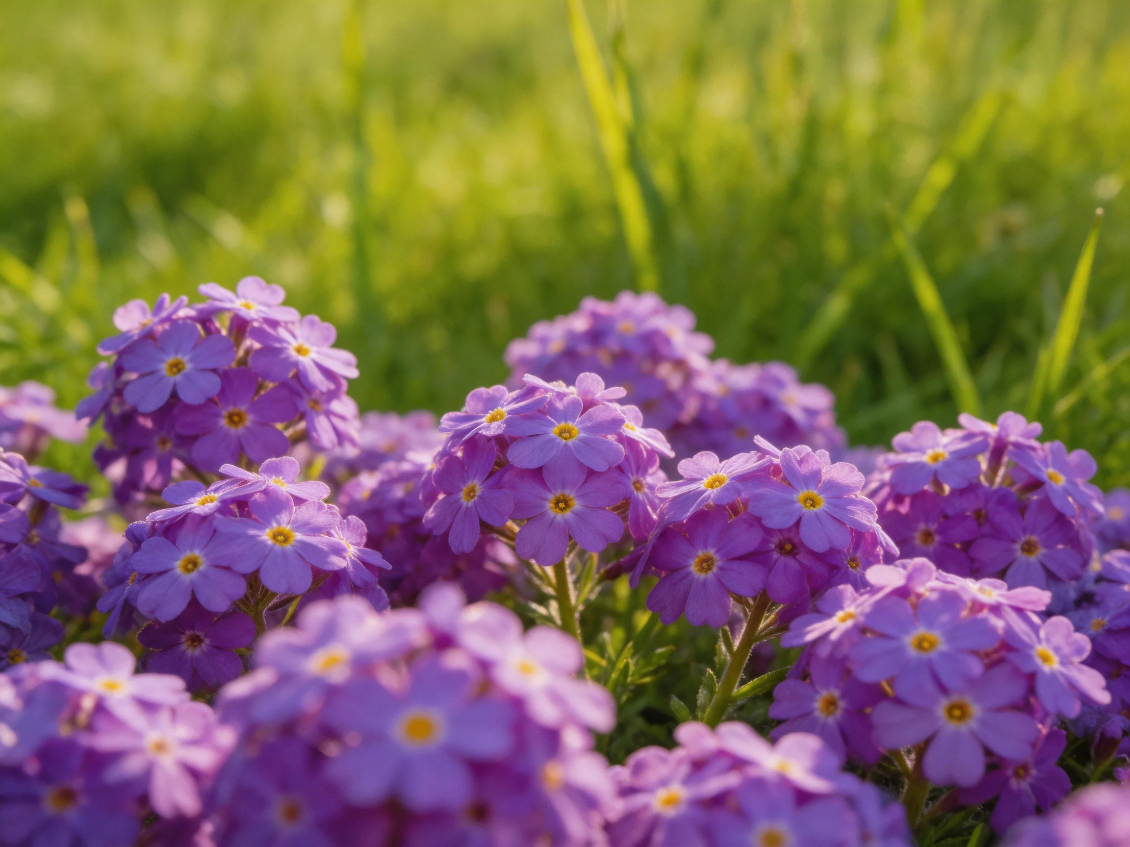 Clusters of vibrant purple flowers amid lush green grassy terrain