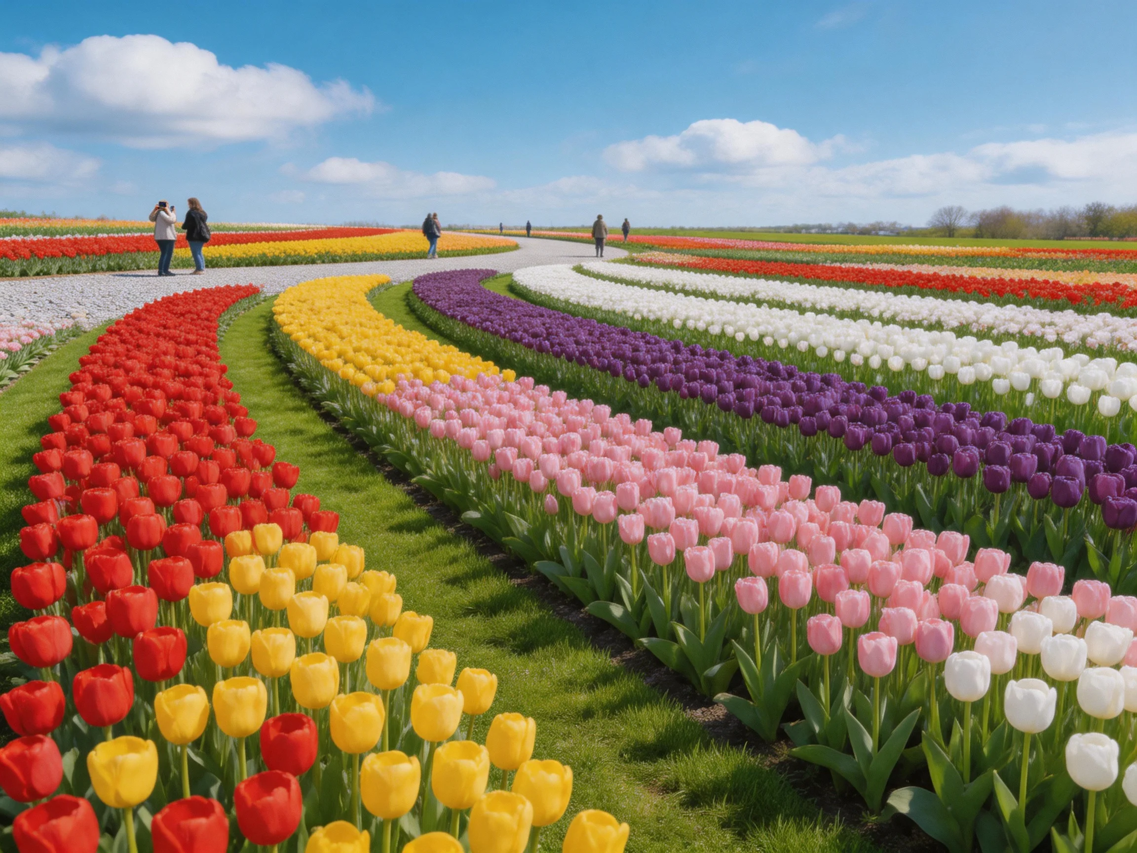 Colorful Tulip Fields Displaying Red, Yellow, Pink, Purple, White Rows Under Sunny Skies