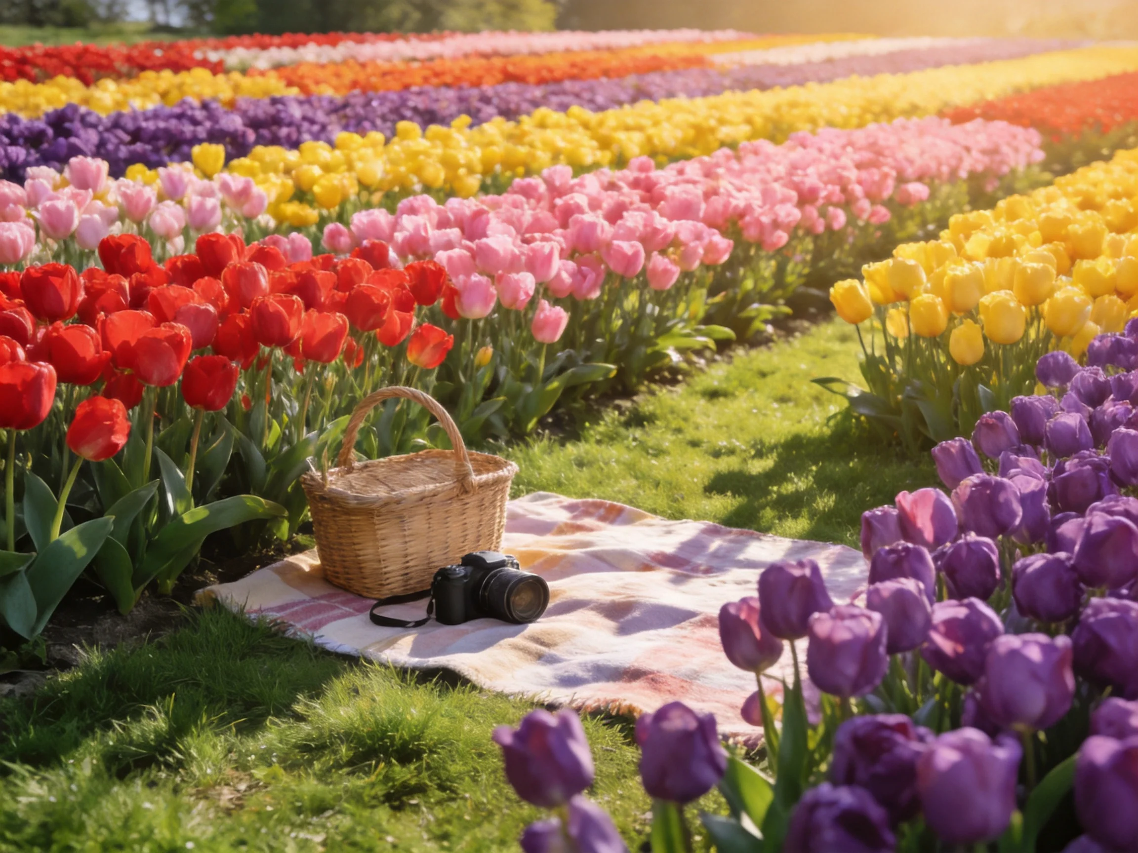 Colorful Tulip Rows Surround a Picnic Setup with Wicker Basket