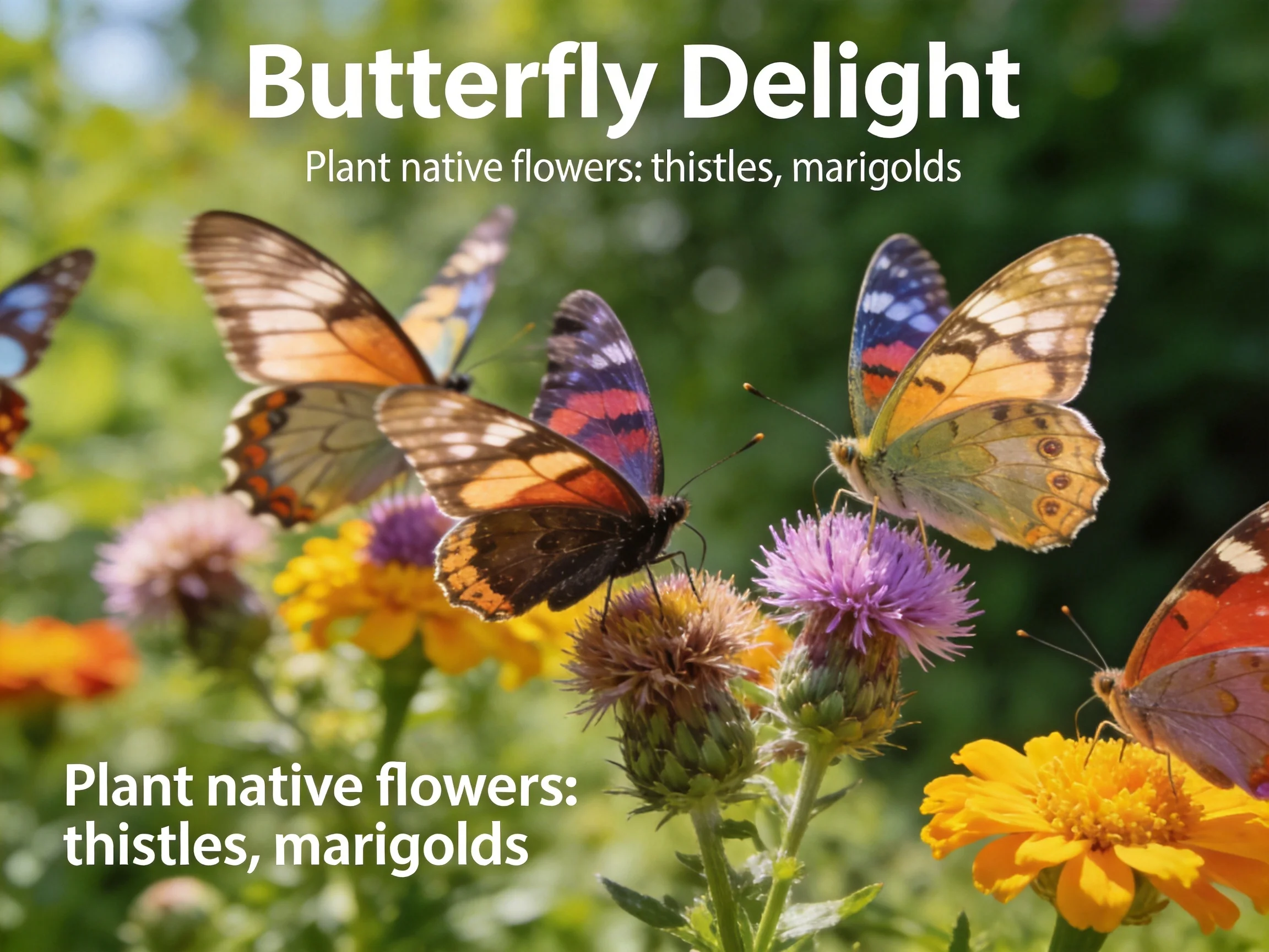 Colorful butterflies gather among native thistle and marigold flowers