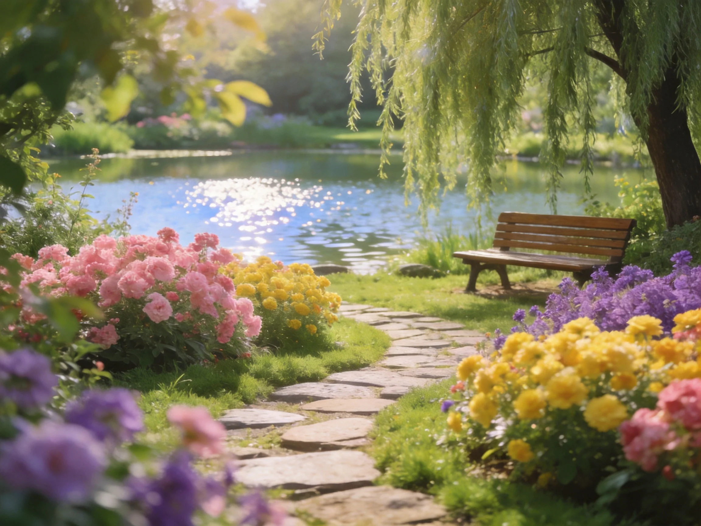 Colorful flower beds, a wooden bench, and a tranquil pond in a serene garden