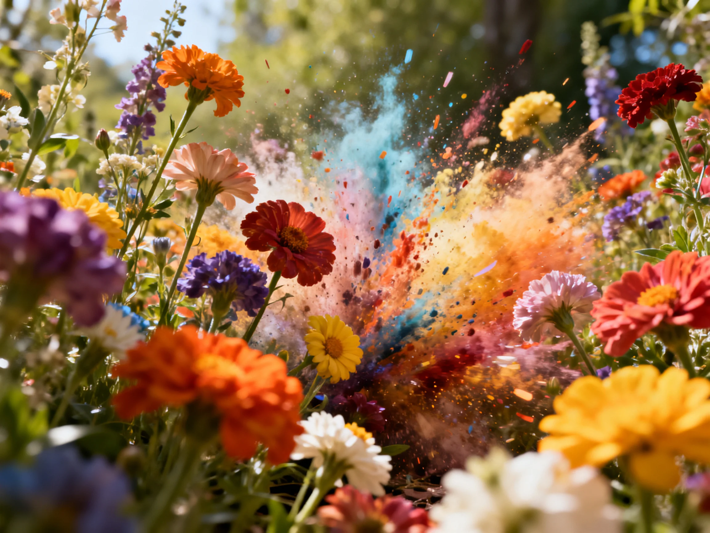 Colorful flower field with vibrant powder explosion amid diverse blooms