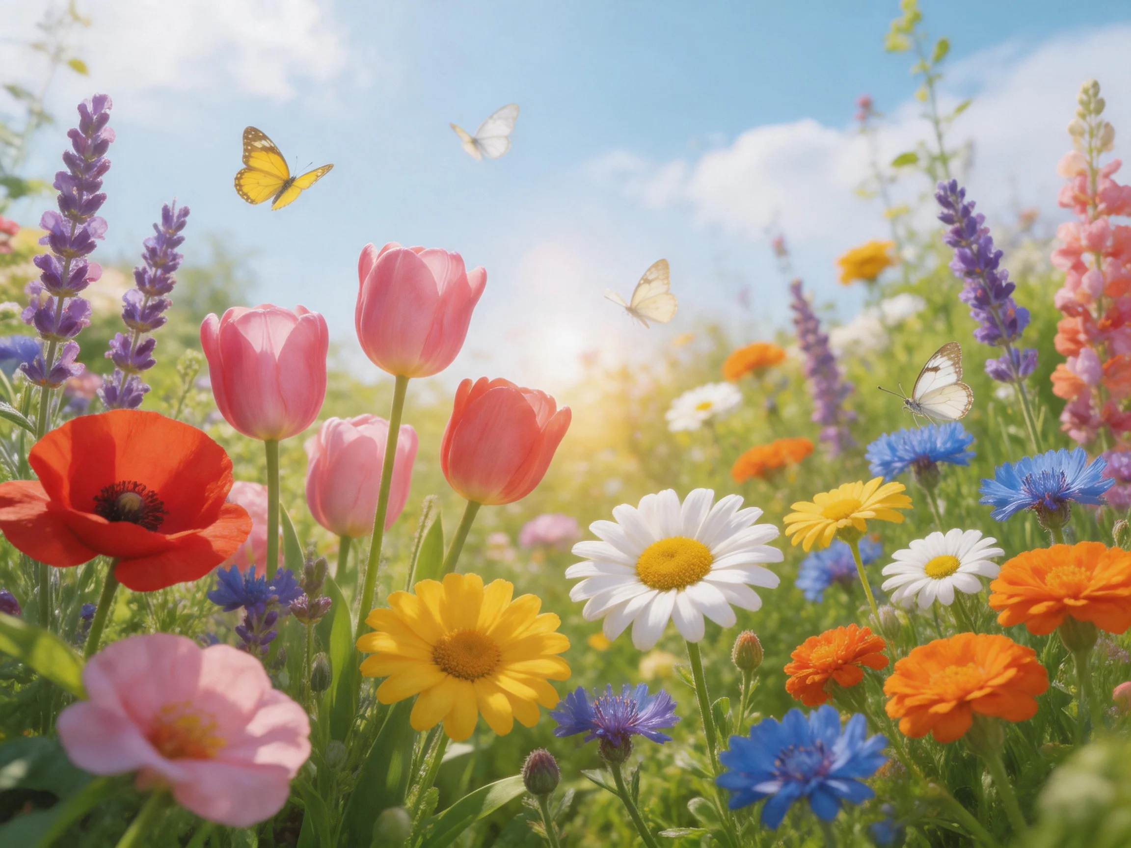 Colorful flower meadow with tulips, daisies, poppies, and butterflies