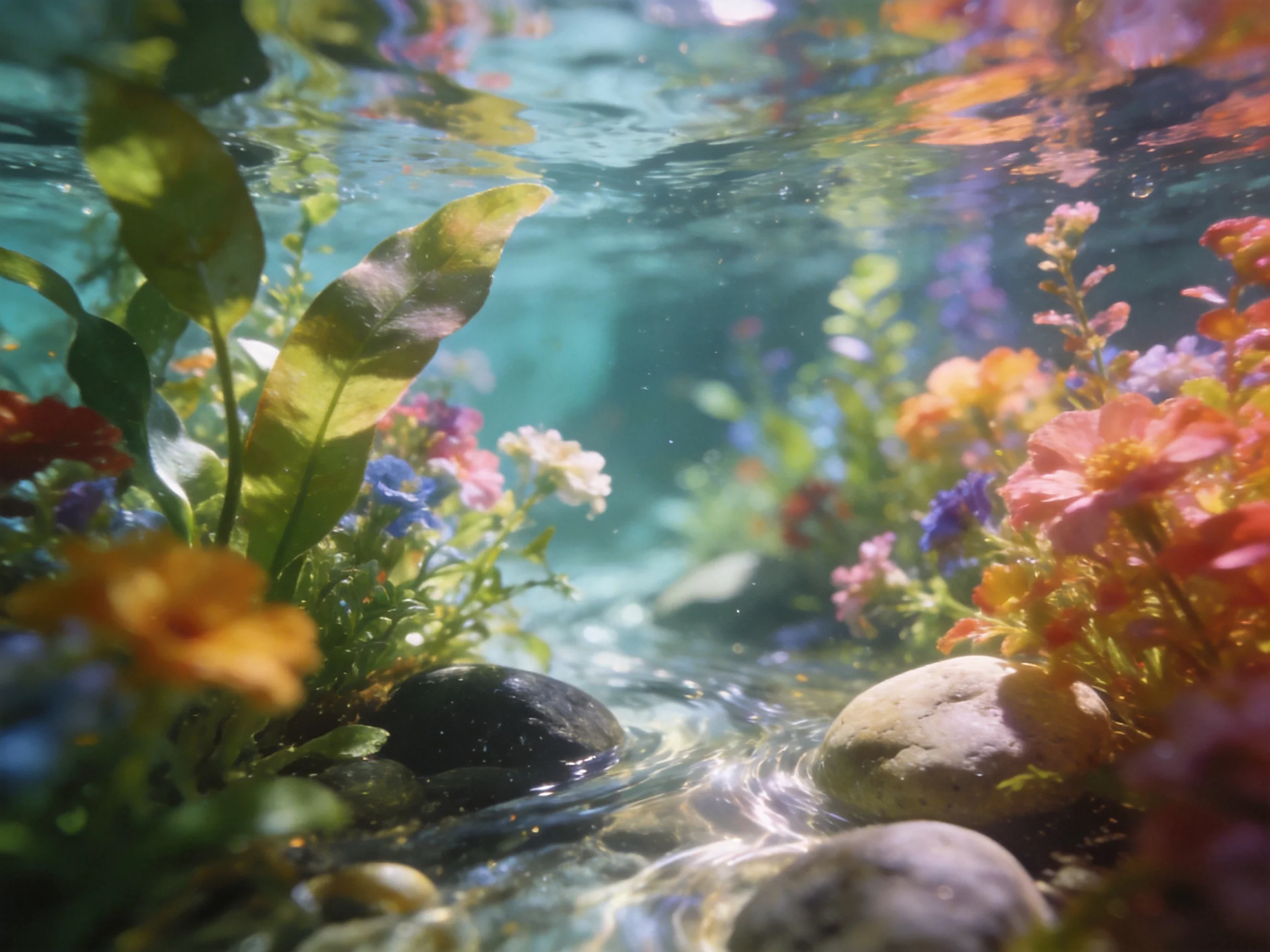 Colorful flowers and lush aquatic plants submerged among smooth stones in clear water