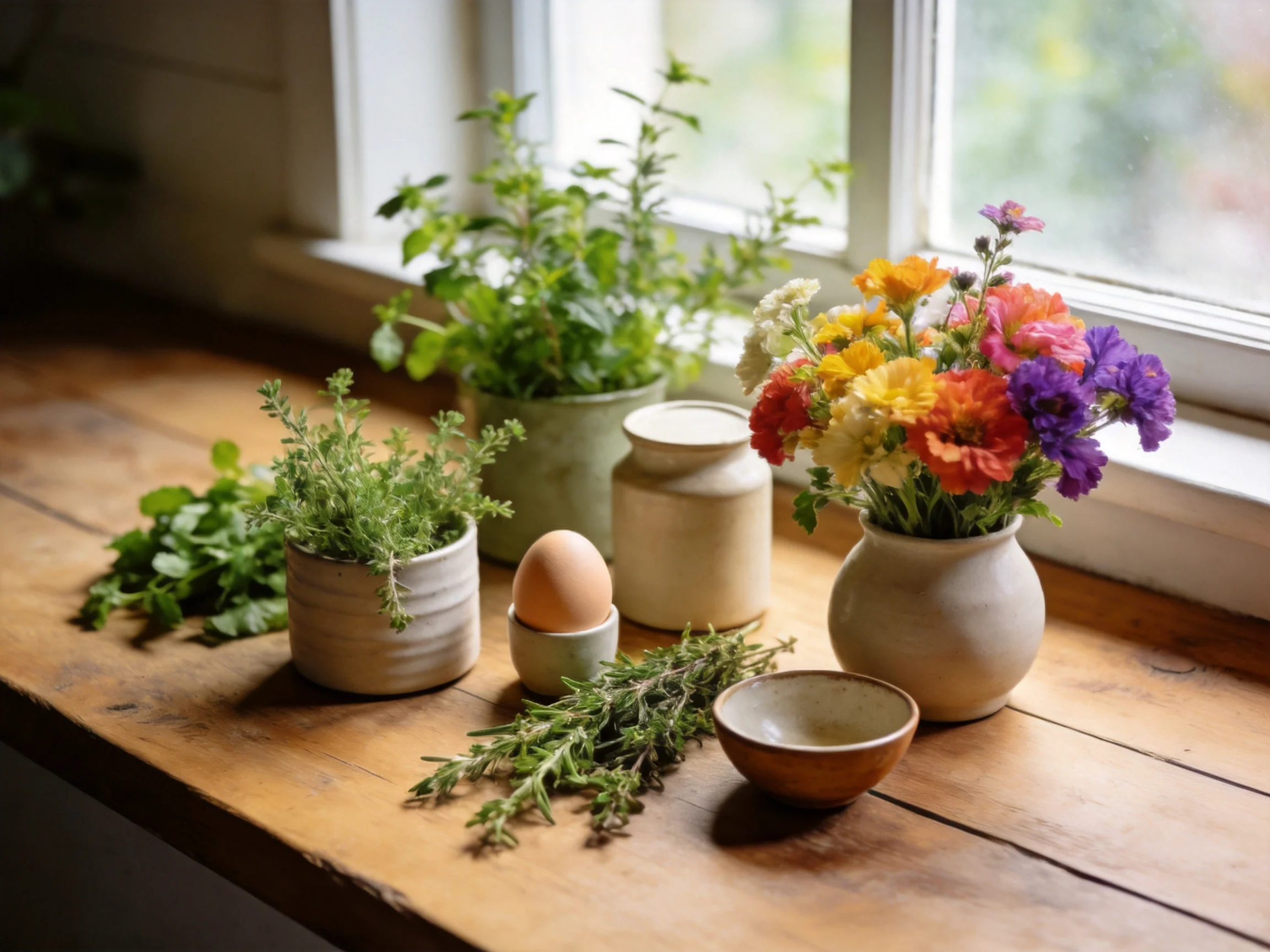 Colorful flowers, fresh herbs, and kitchenware on a wooden windowsill