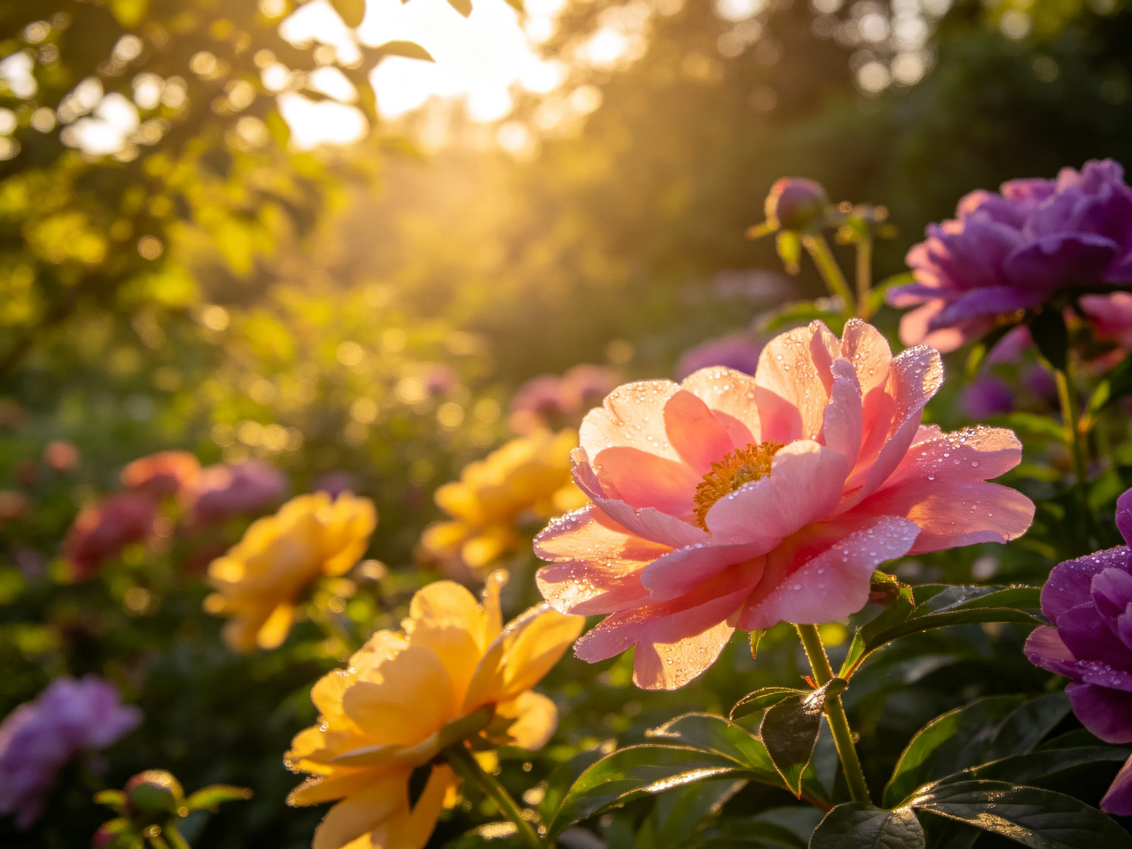 Colorful flowers in pink, yellow, purple glow under golden sunlight