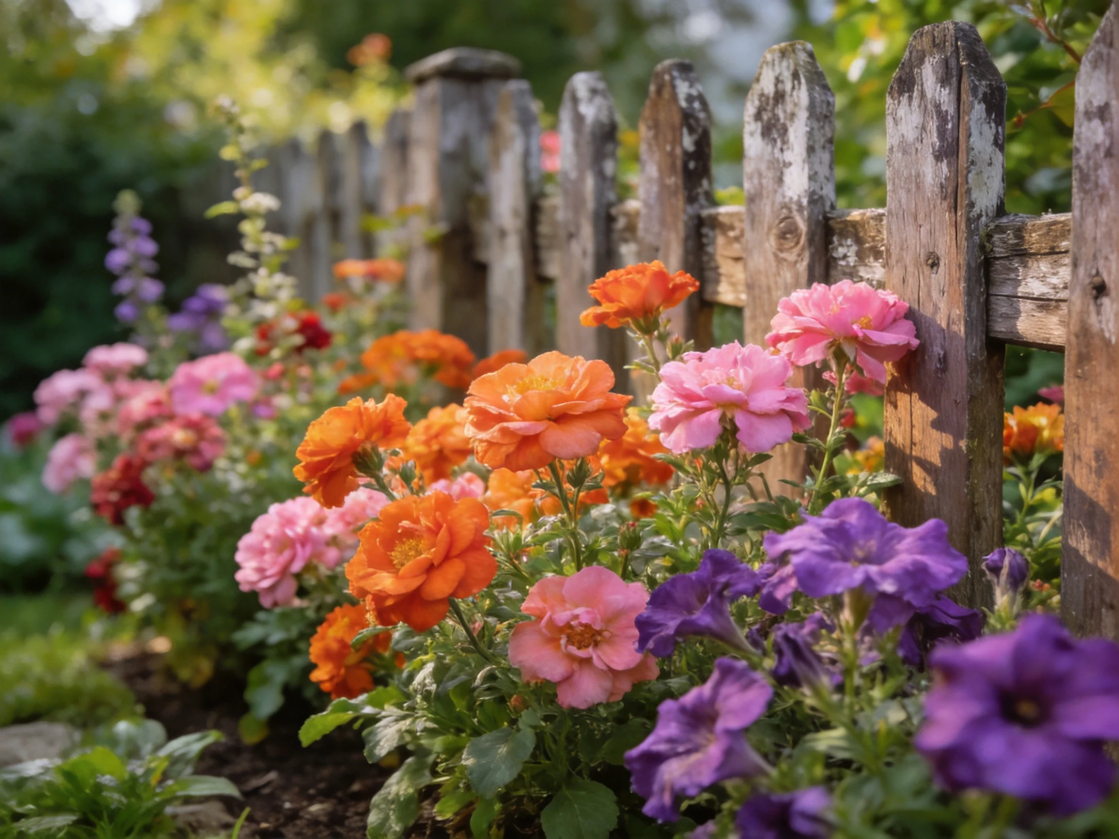 Colorful flowers surround an aged wooden picket fence