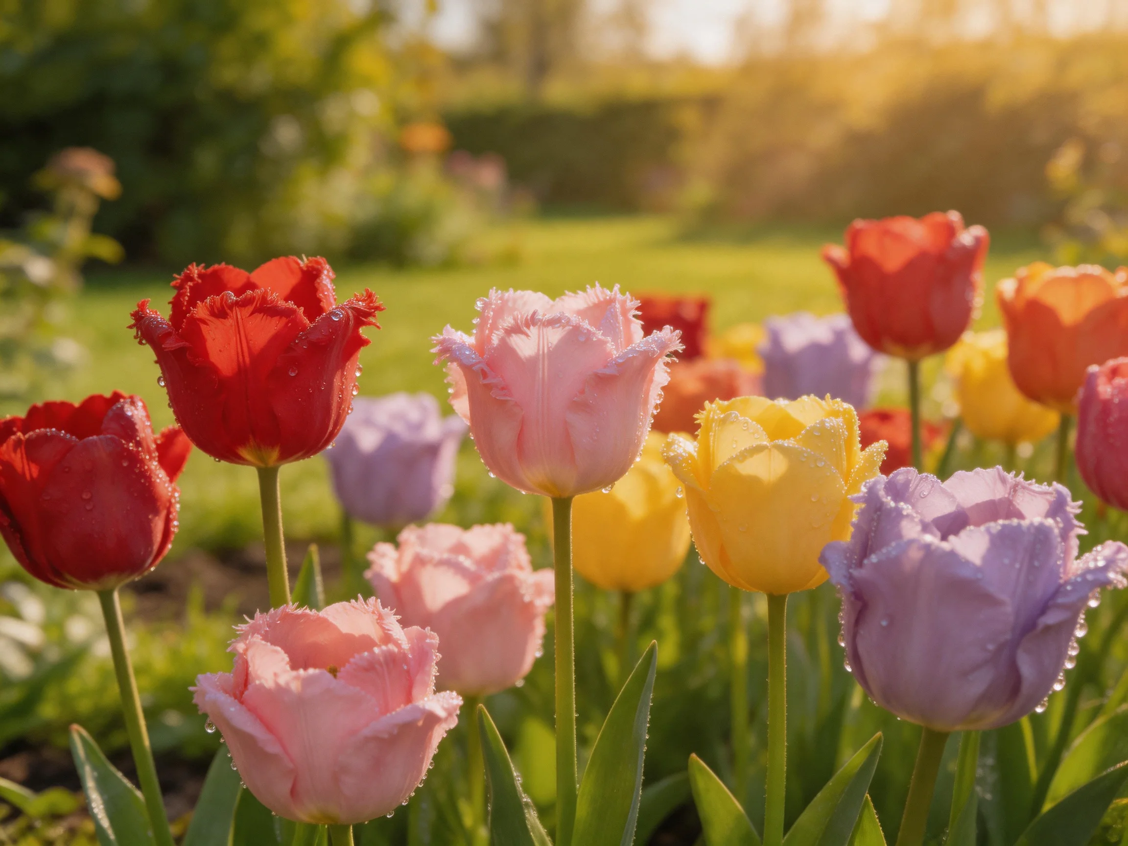 Colorful fringed tulips blooming in a sunlit garden