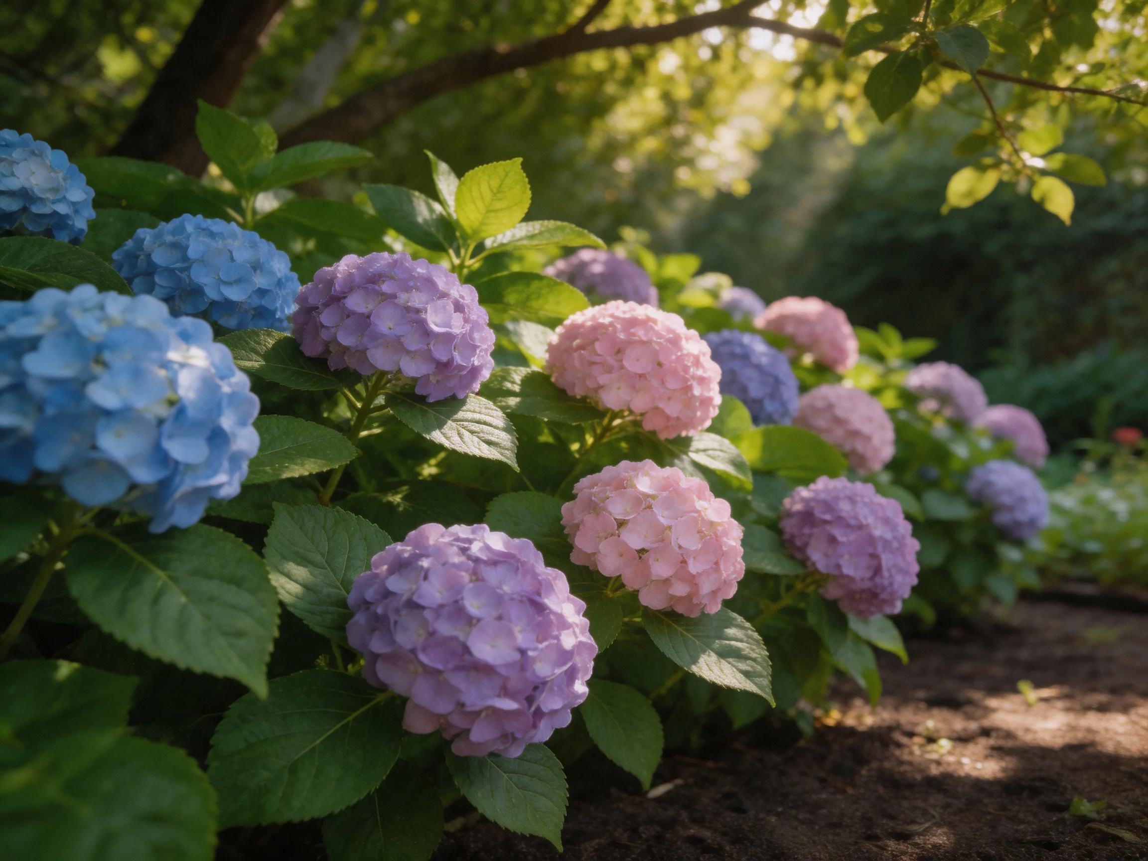 Colorful hydrangeas in shades of blue, purple, and pink bloom along a sunlit garden path beneath trees.
