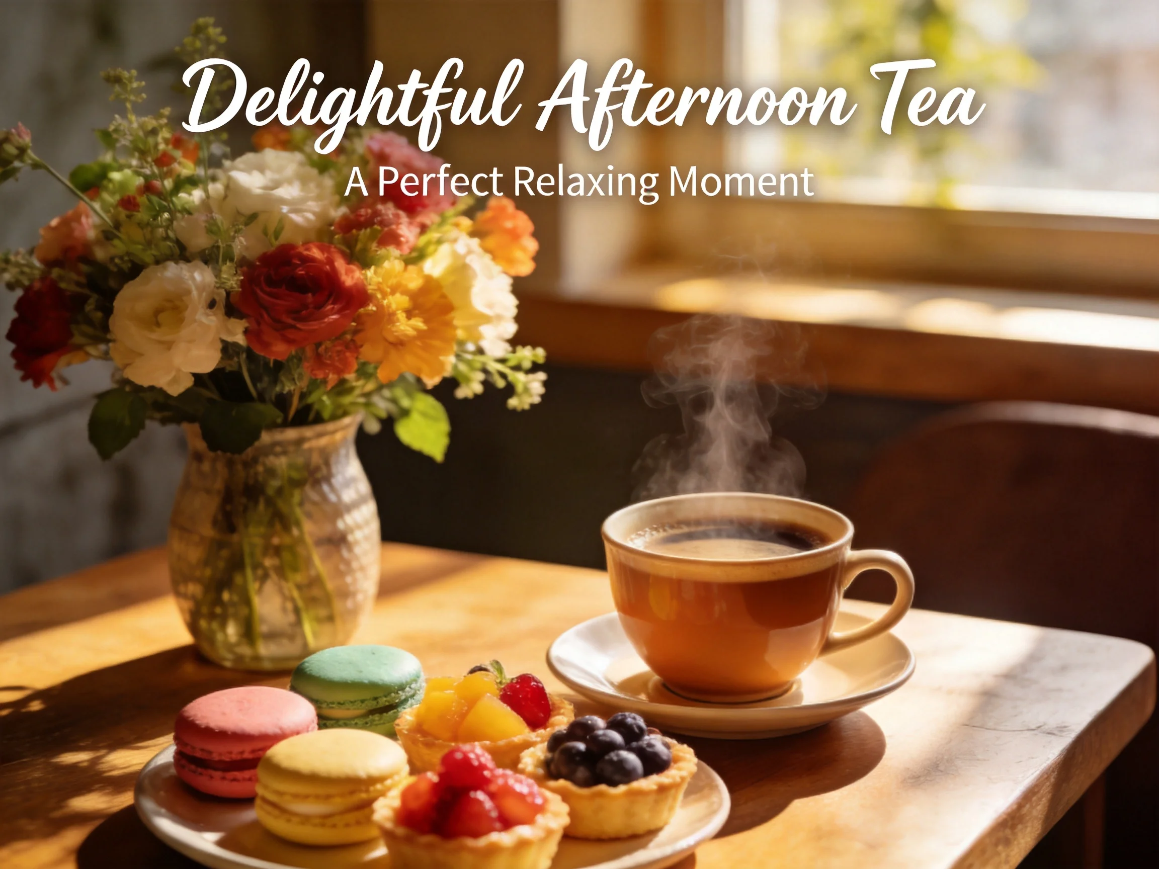 Colorful macarons, fruit tarts, and a steaming teacup on a wooden table