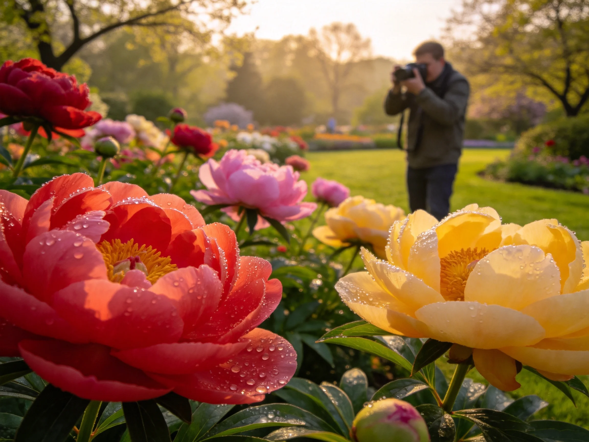 Colorful peonies bloom in a sunlit garden with a photographer