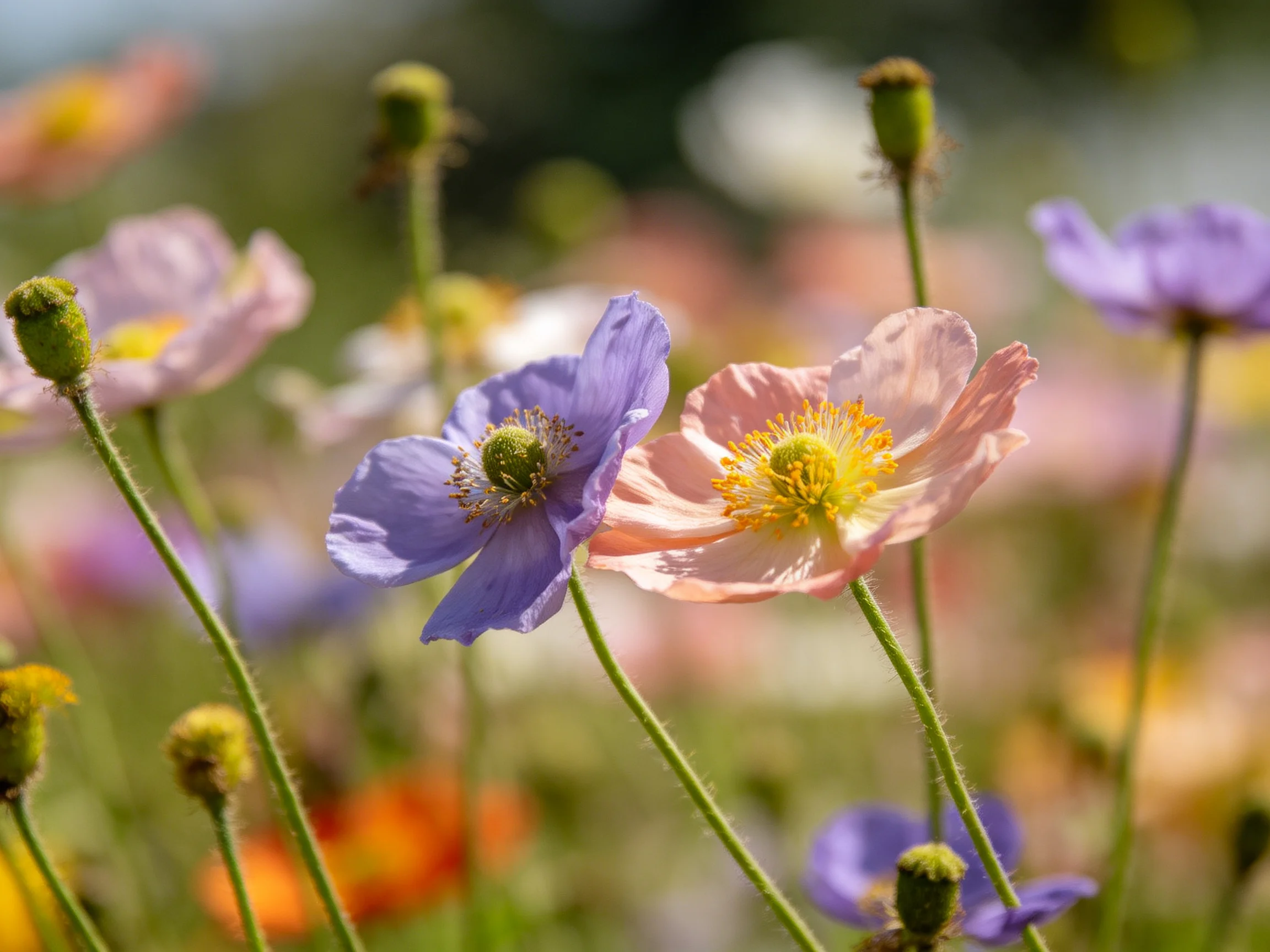 Colorful poppies in a sunlit meadow with soft focus