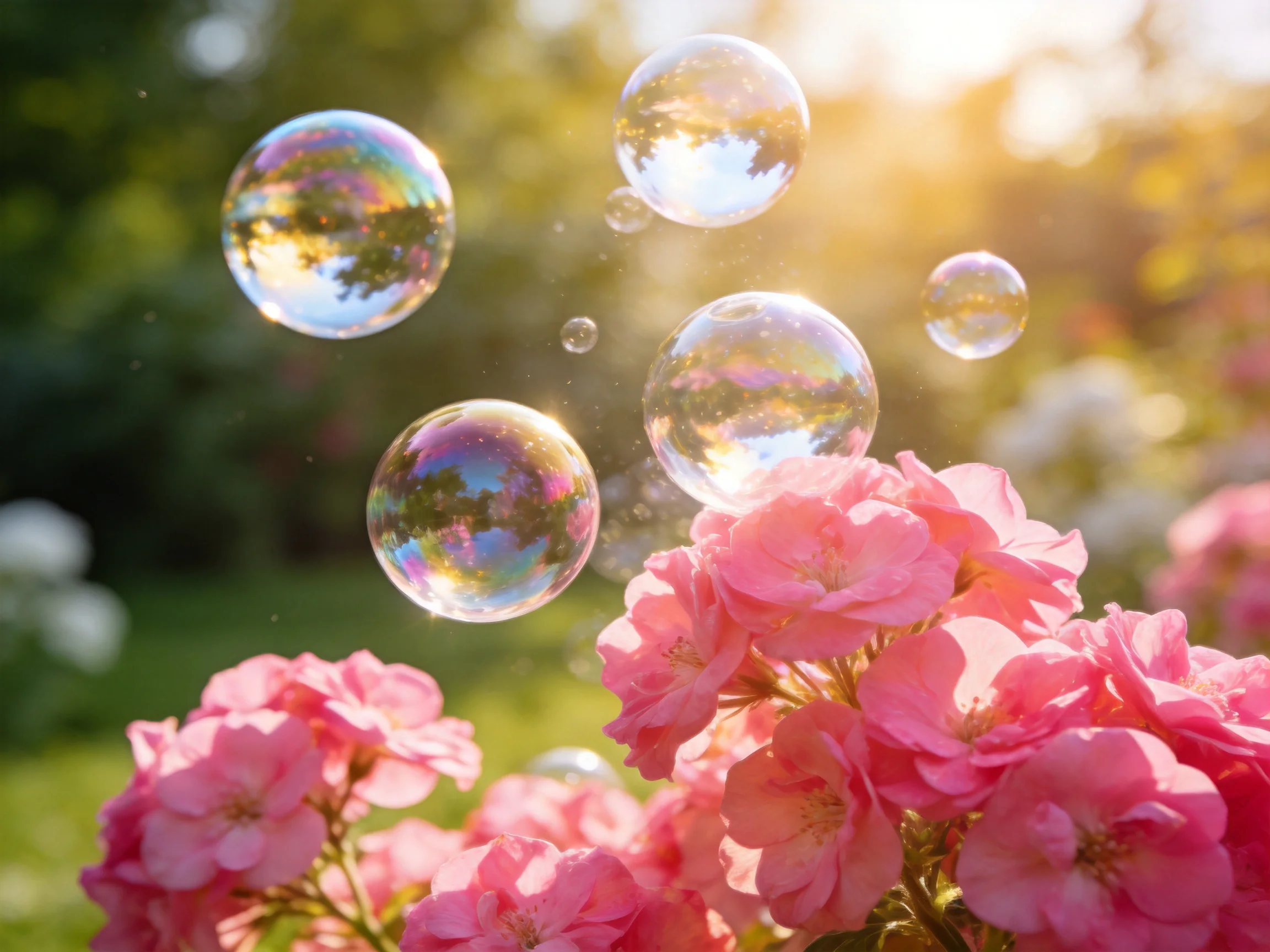 Colorful soap bubbles float near vibrant pink flowers in sunlit garden